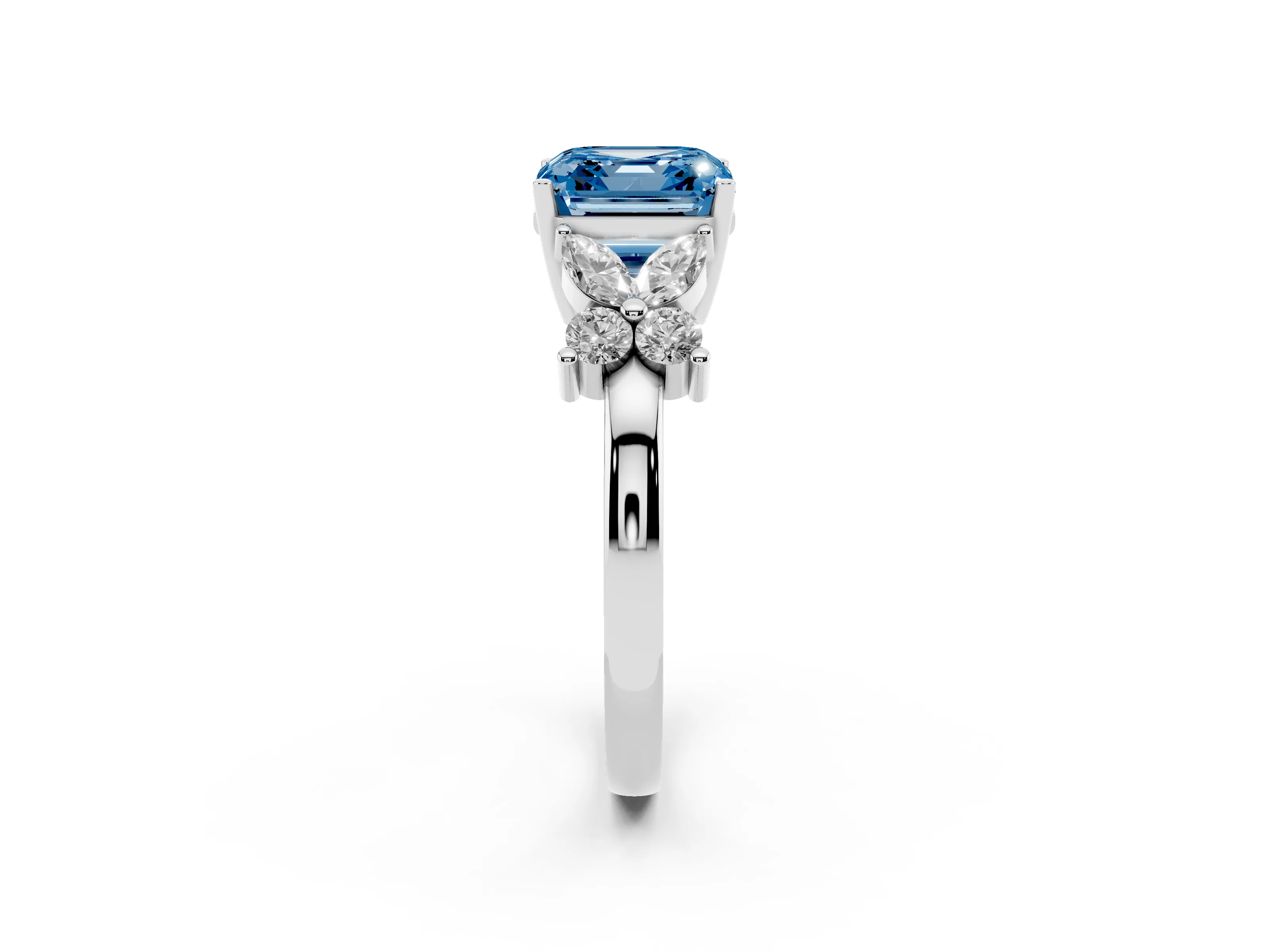 Fancy Blue Asscher Cut Diamond Floral Cluster Ring Set in Platinum with Marquise Petals and Prong Setting