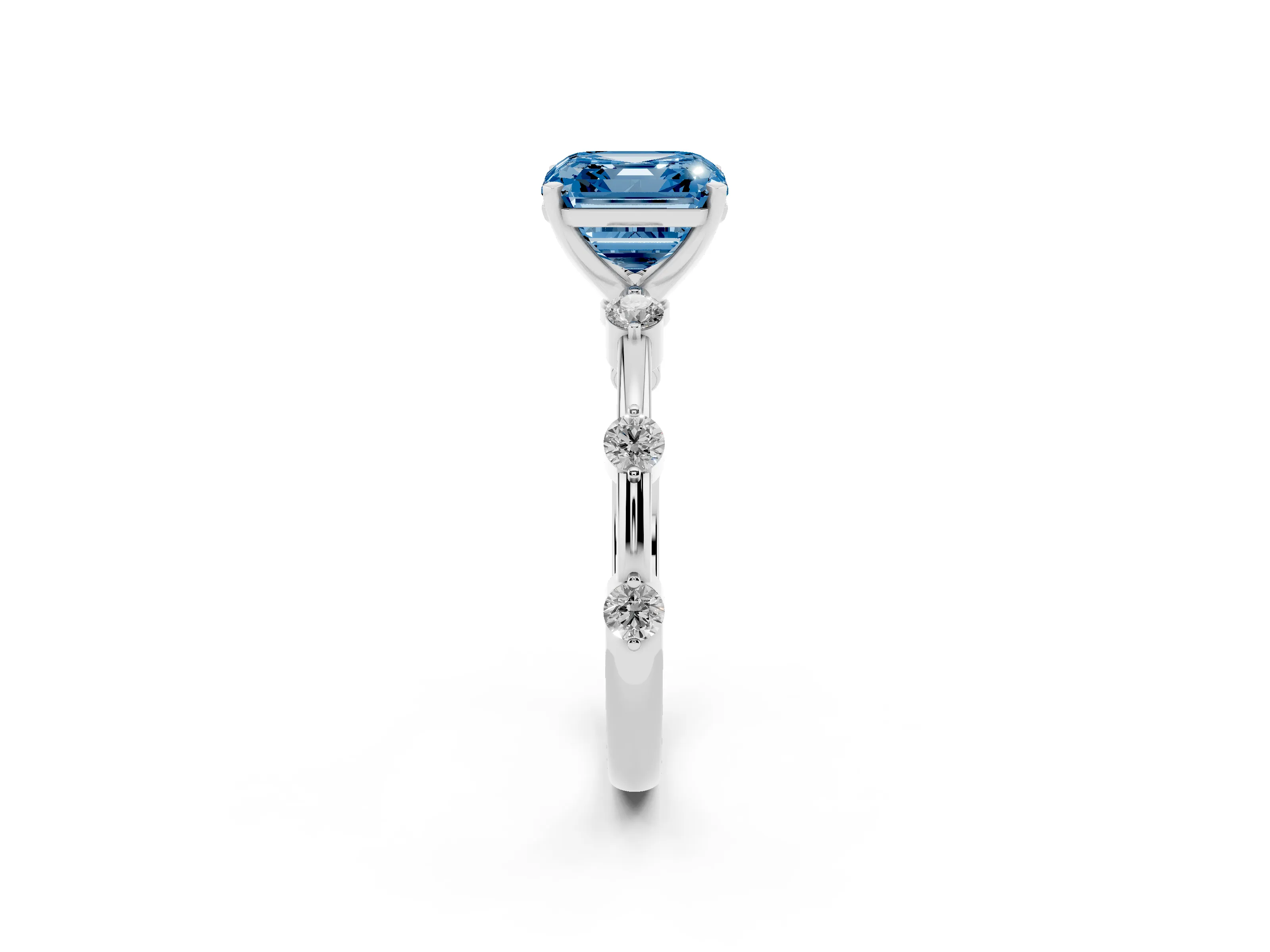 Fancy Blue Asscher Cut Diamond Solitaire Ring Set in Silver with Bezel Set Side Stones and Prong Setting