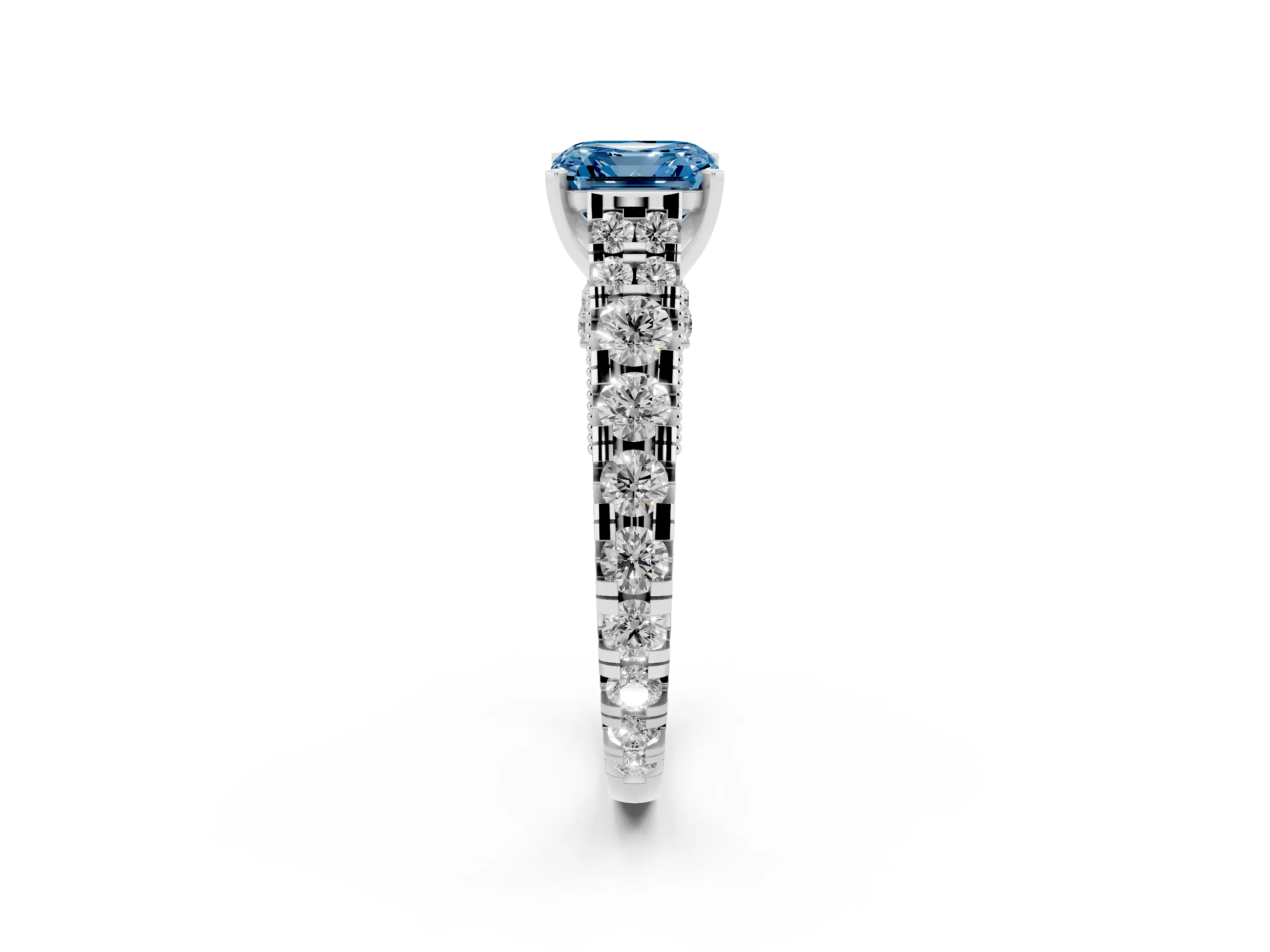 Fancy Blue Asscher Cut Diamond Classic Solitaire Ring Set in White gold with Pavé Band and Prong Setting