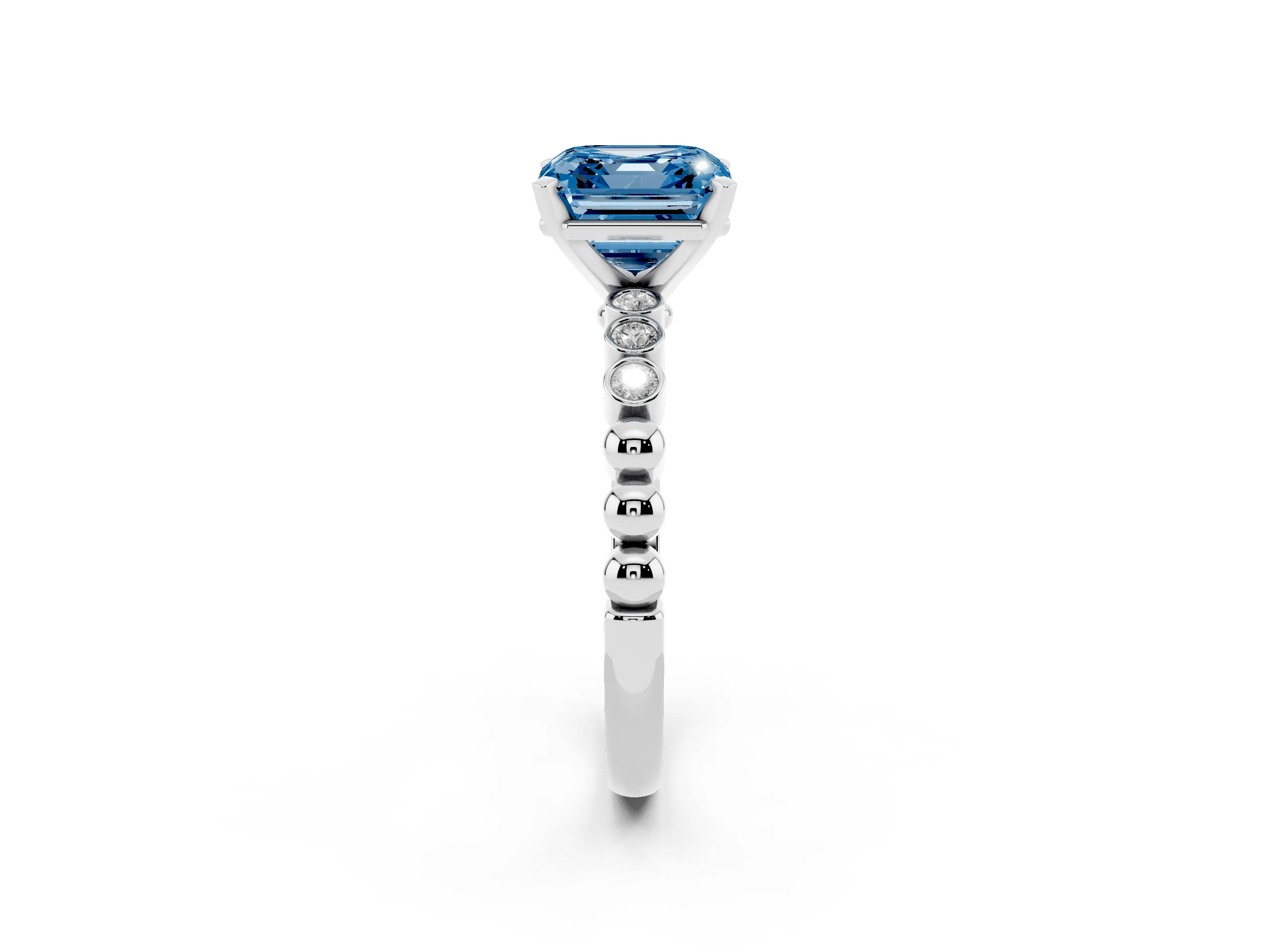 Fancy Blue Asscher Cut Diamond Solitaire Engagement Ring Set in White gold with Bezel Accents on Beaded Band