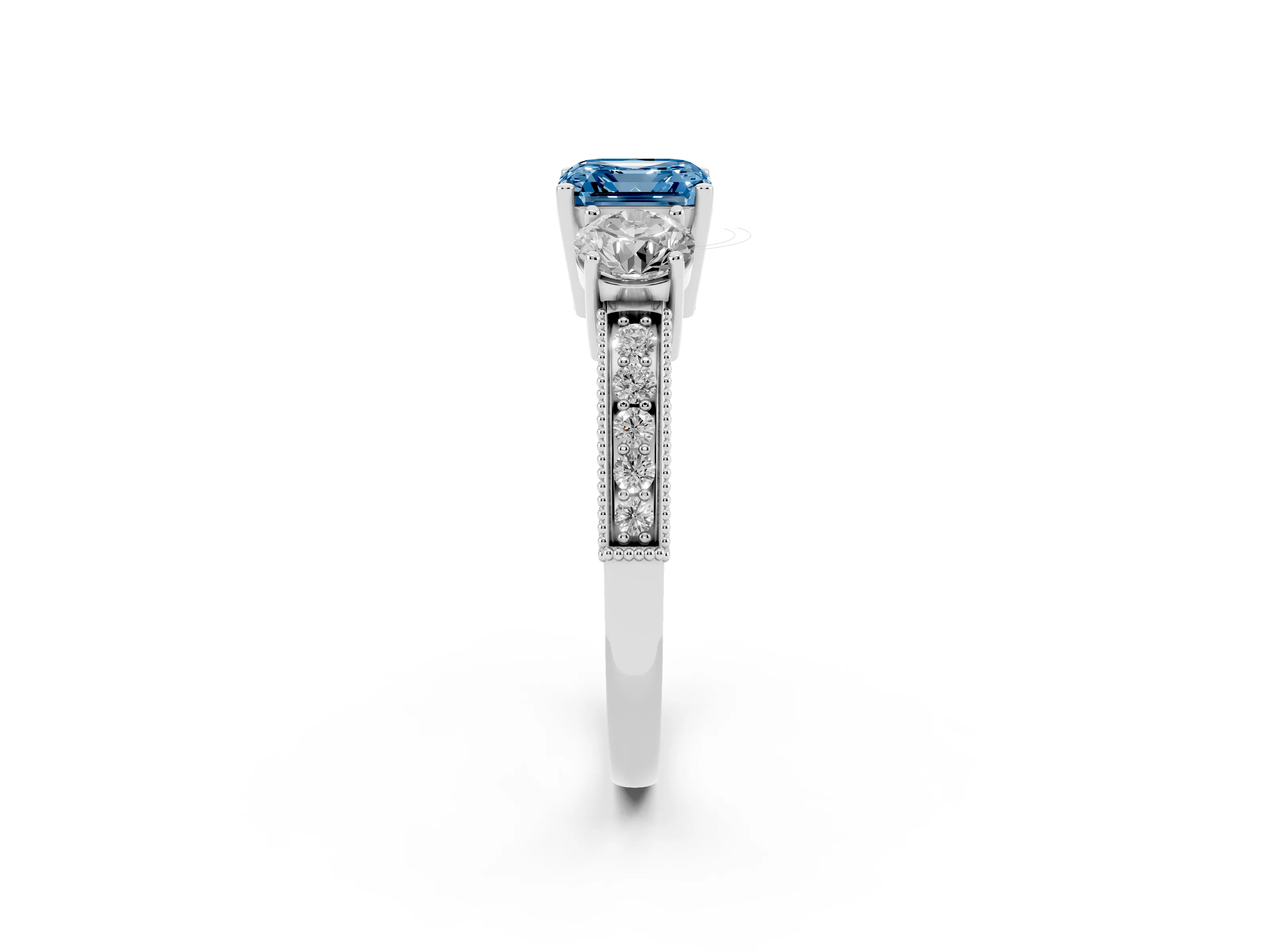Fancy Blue Asscher Cut Diamond Three-Stone Ring Set in Platinum with Round Side Stones and Pavé Band