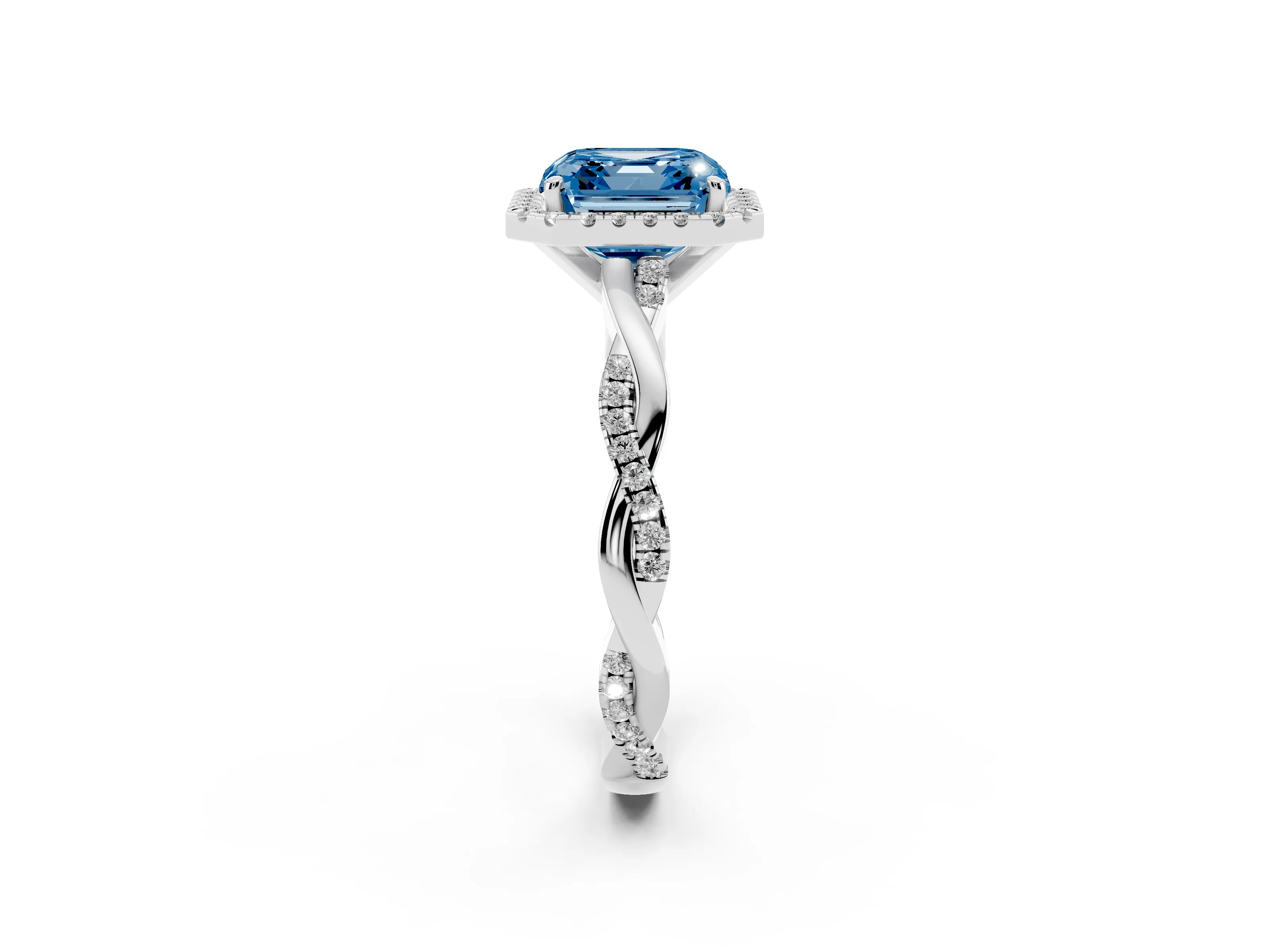 Fancy Blue Asscher Cut Diamond Halo Twisted Band Ring Set in White gold with Prong Setting
