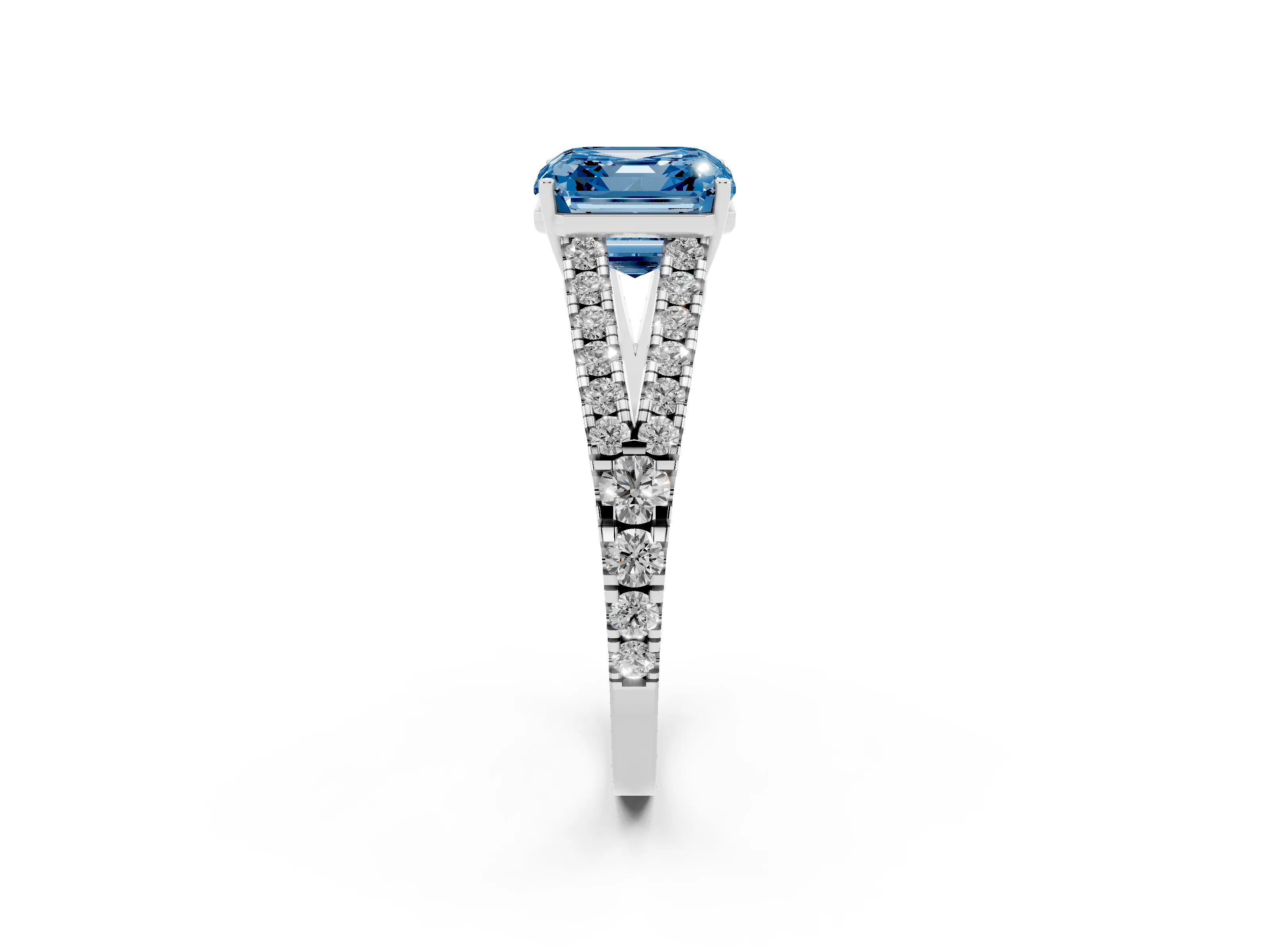 Fancy Blue Asscher Cut Diamond Split Shank Engagement Ring Set in Silver with Round Pavé and Prong Setting