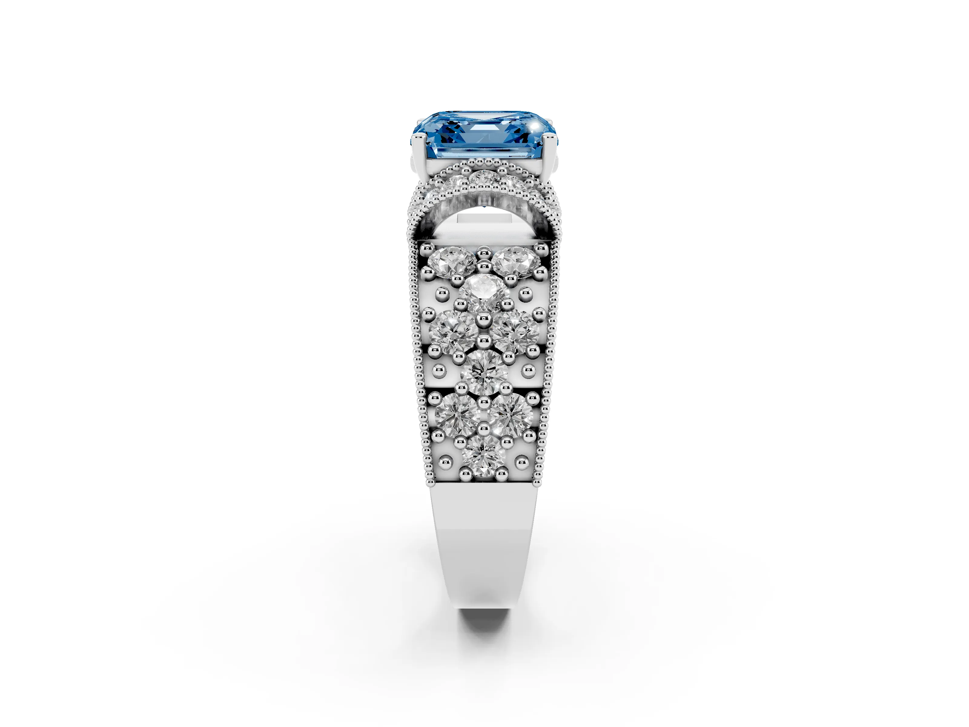 Fancy Blue Asscher Cut Diamond Milgrain Halo Pavé Engagement Ring Set in Silver with Prong Setting