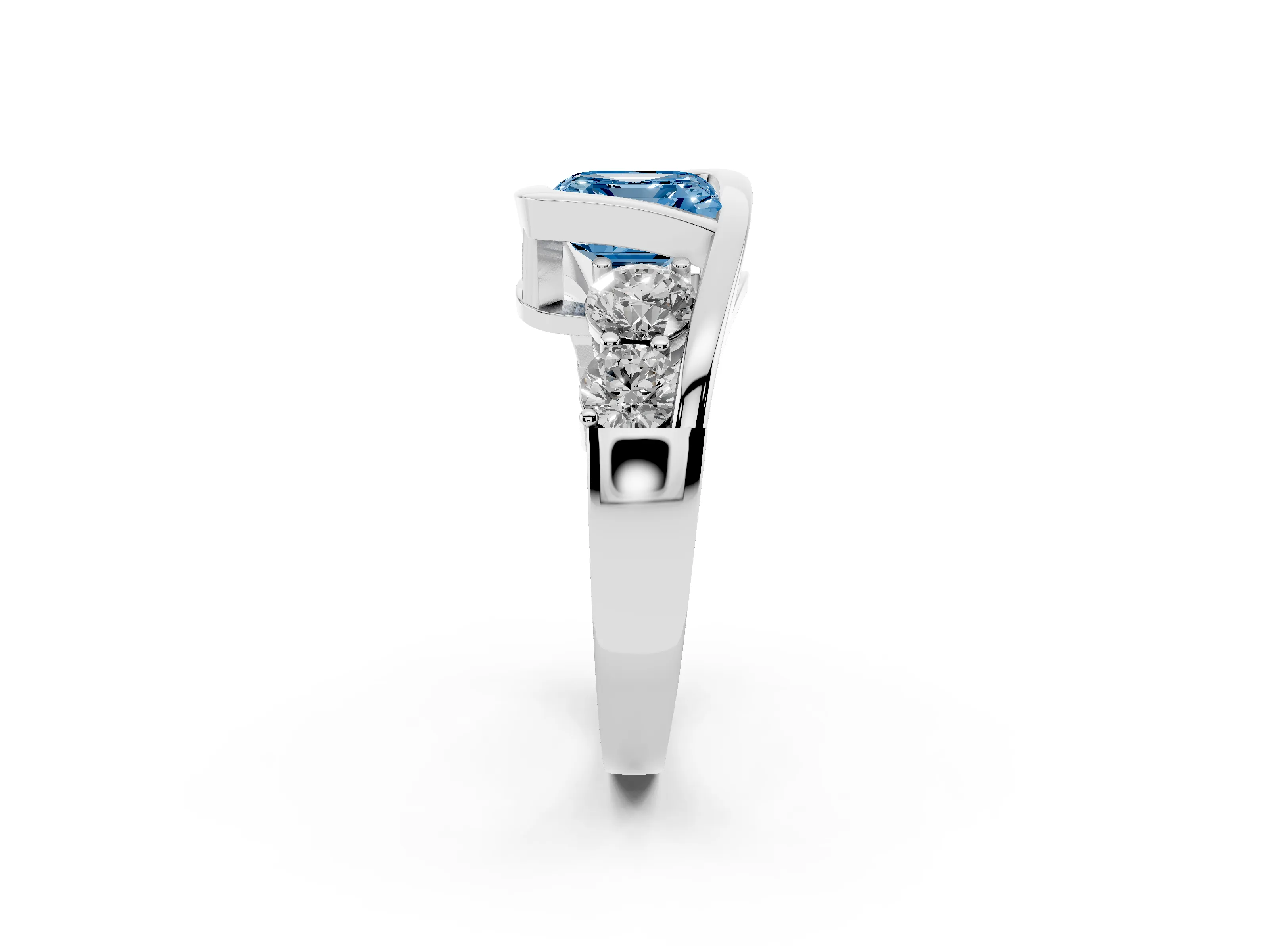Fancy Blue Asscher Cut Diamond Bezel Bypass Ring Set in Silver with Round Accents