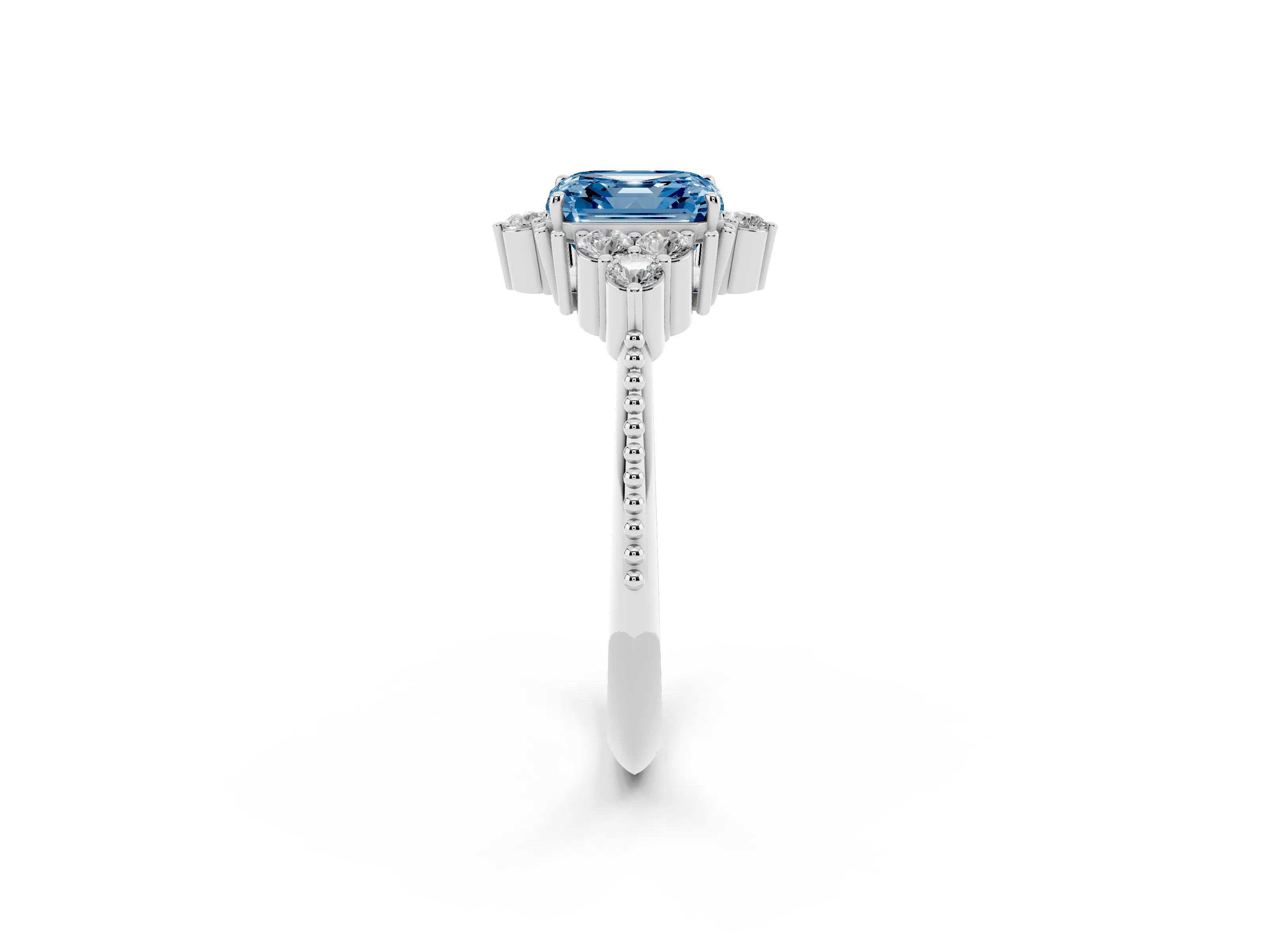 Fancy Blue Asscher Cut Diamond Cluster Ring Set in Silver with Beaded Band