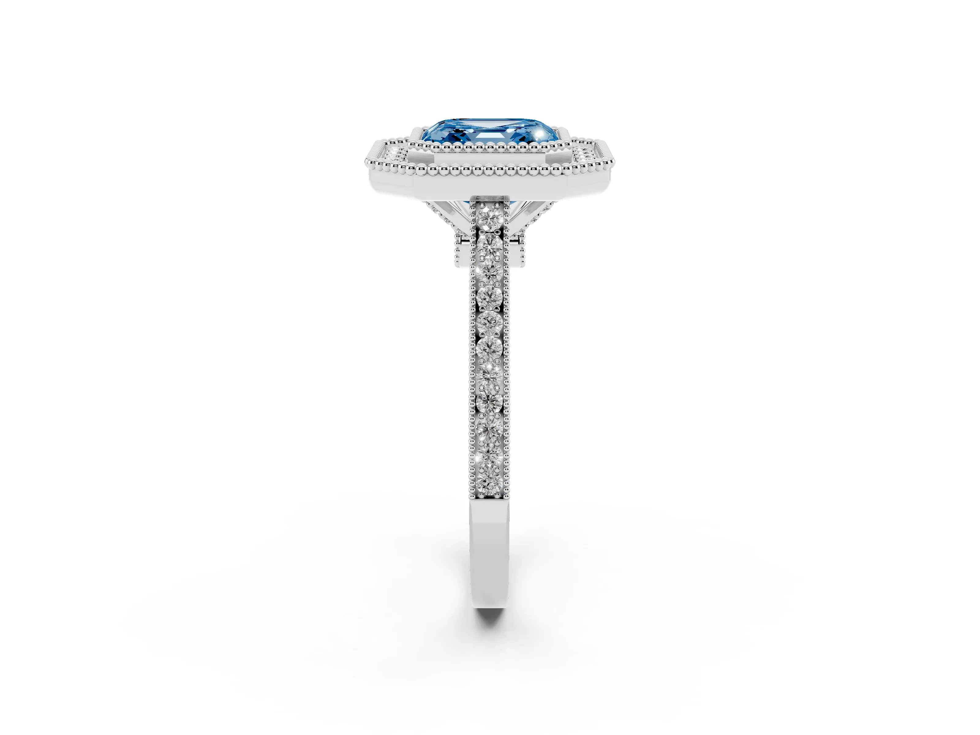 Fancy Blue Asscher Cut Diamond Halo Ring Set in Platinum with Milgrain Frame and Pavé Band