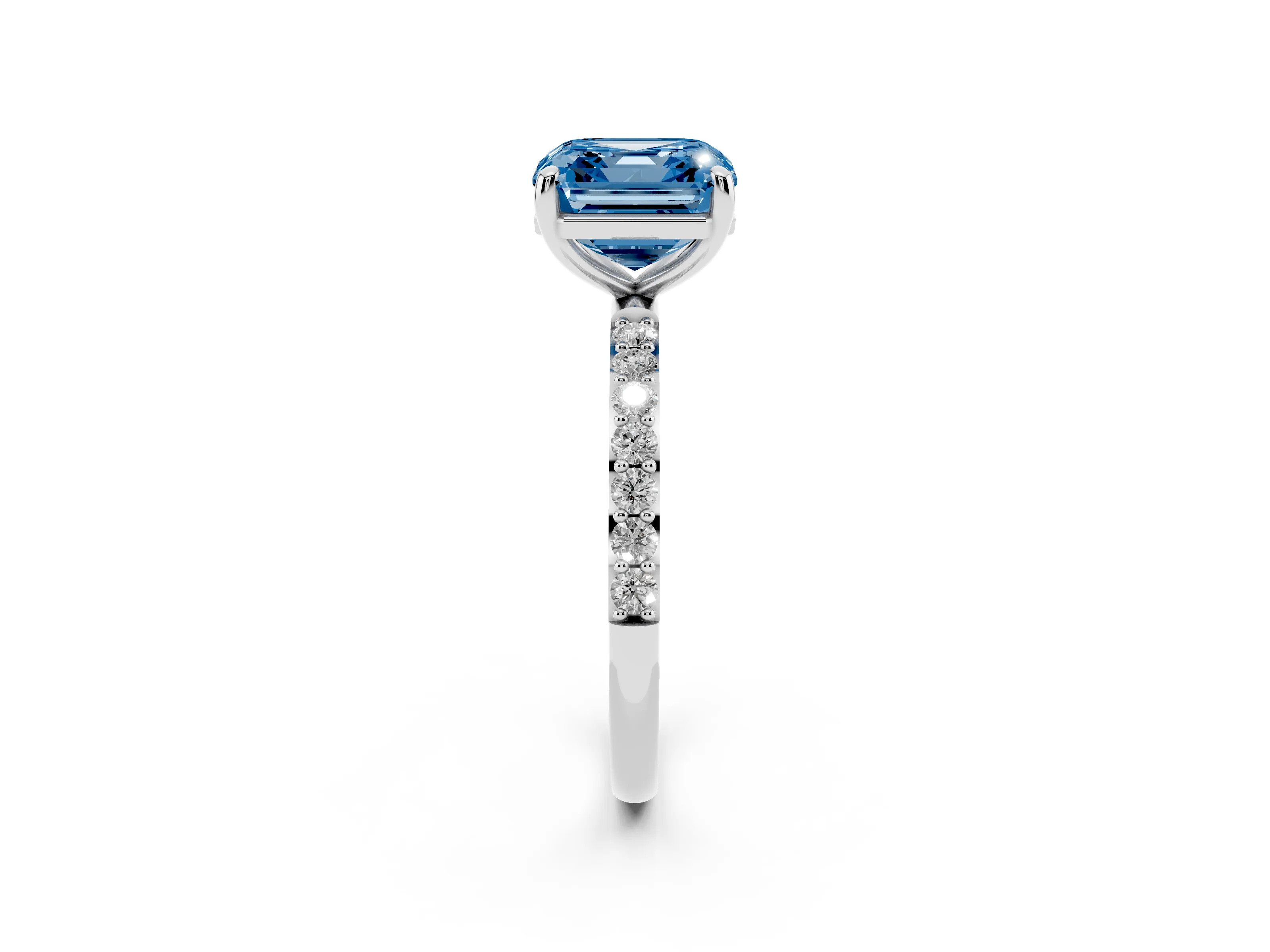 Fancy Blue Asscher Cut Diamond Solitaire Ring Set in Platinum with Round Pavé Band and Prong Setting