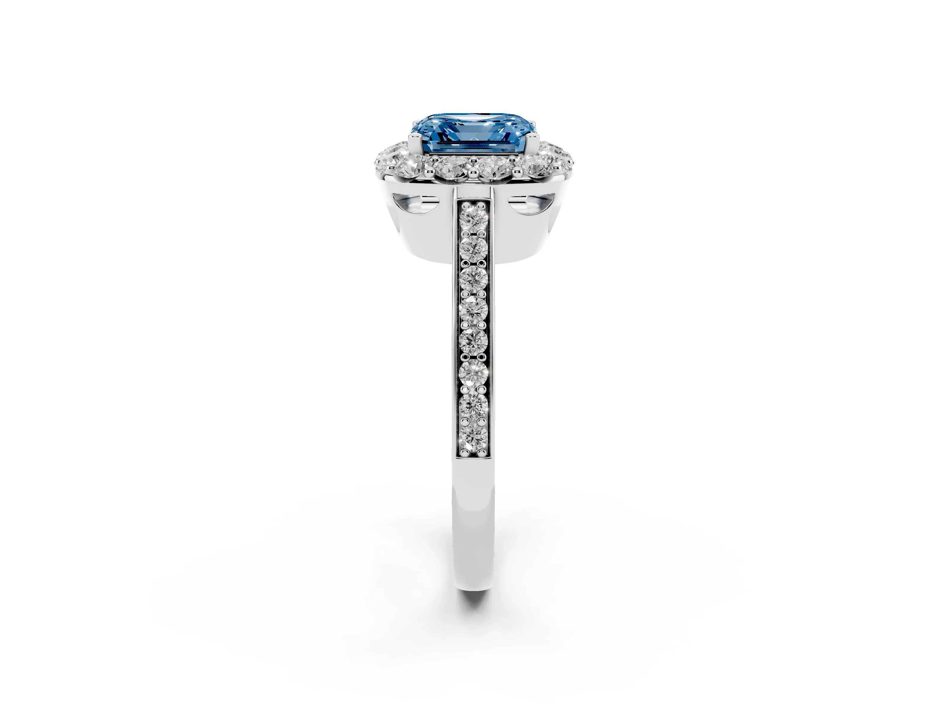 Fancy Blue Asscher Cut Diamond Floral Halo Ring Set in Silver with Pavé Band and Prong Setting