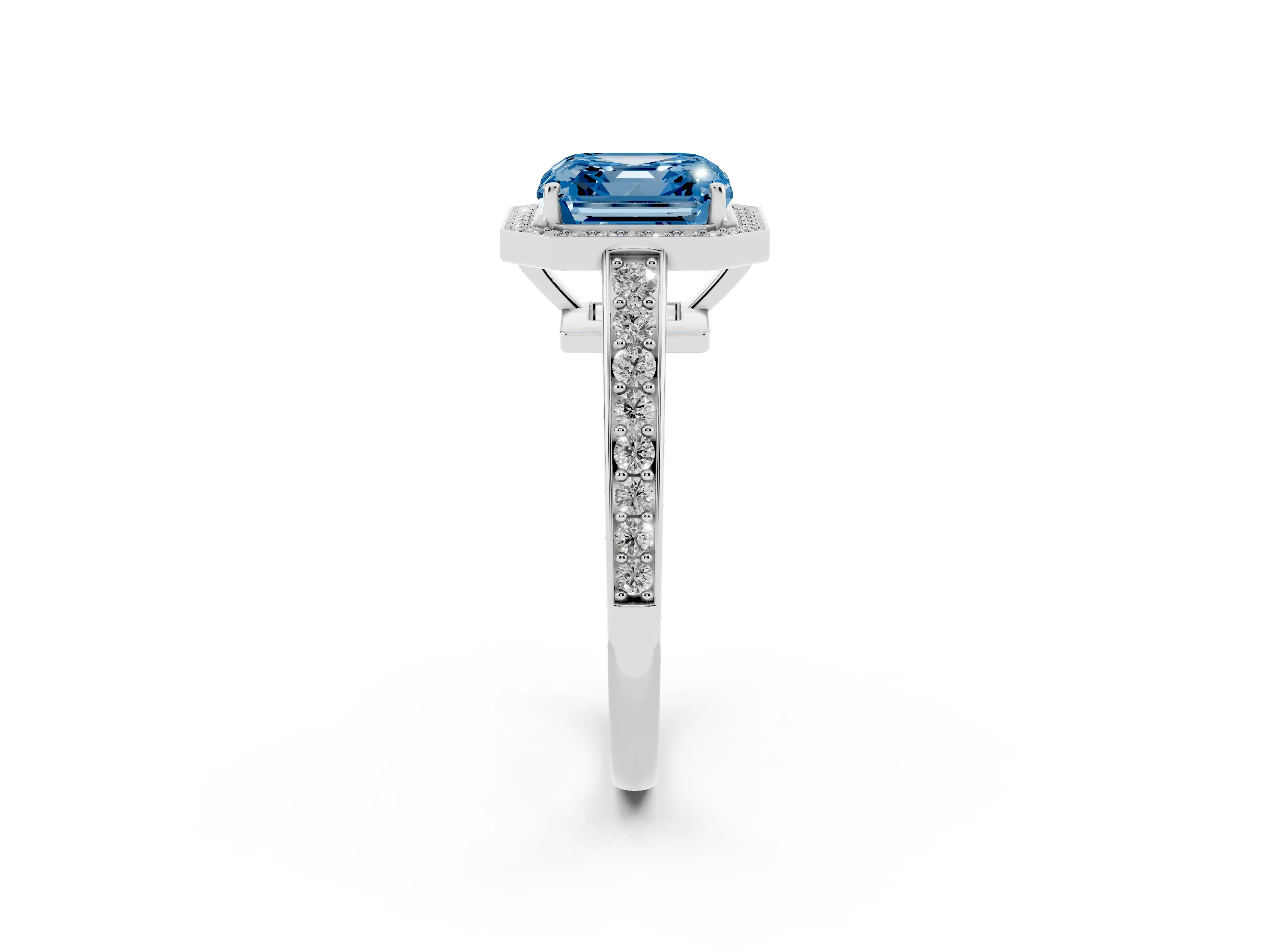 Fancy Blue Asscher Cut Diamond Halo Pavé Engagement Ring Set in Silver with Bezel Setting