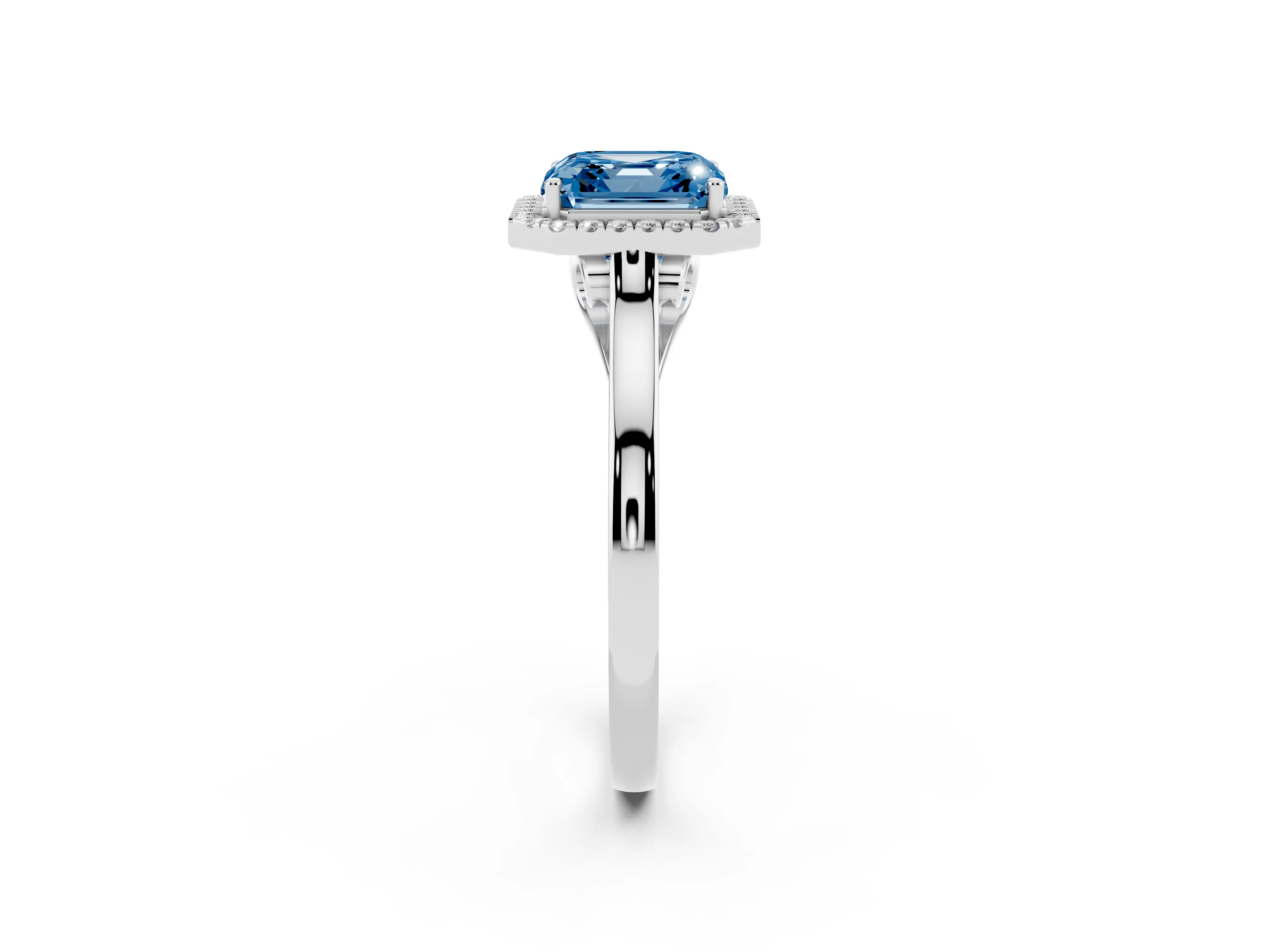 Fancy Blue Asscher Cut Halo Round Diamond Solitaire Ring Set in Platinum with Pavé Band and Prong Setting