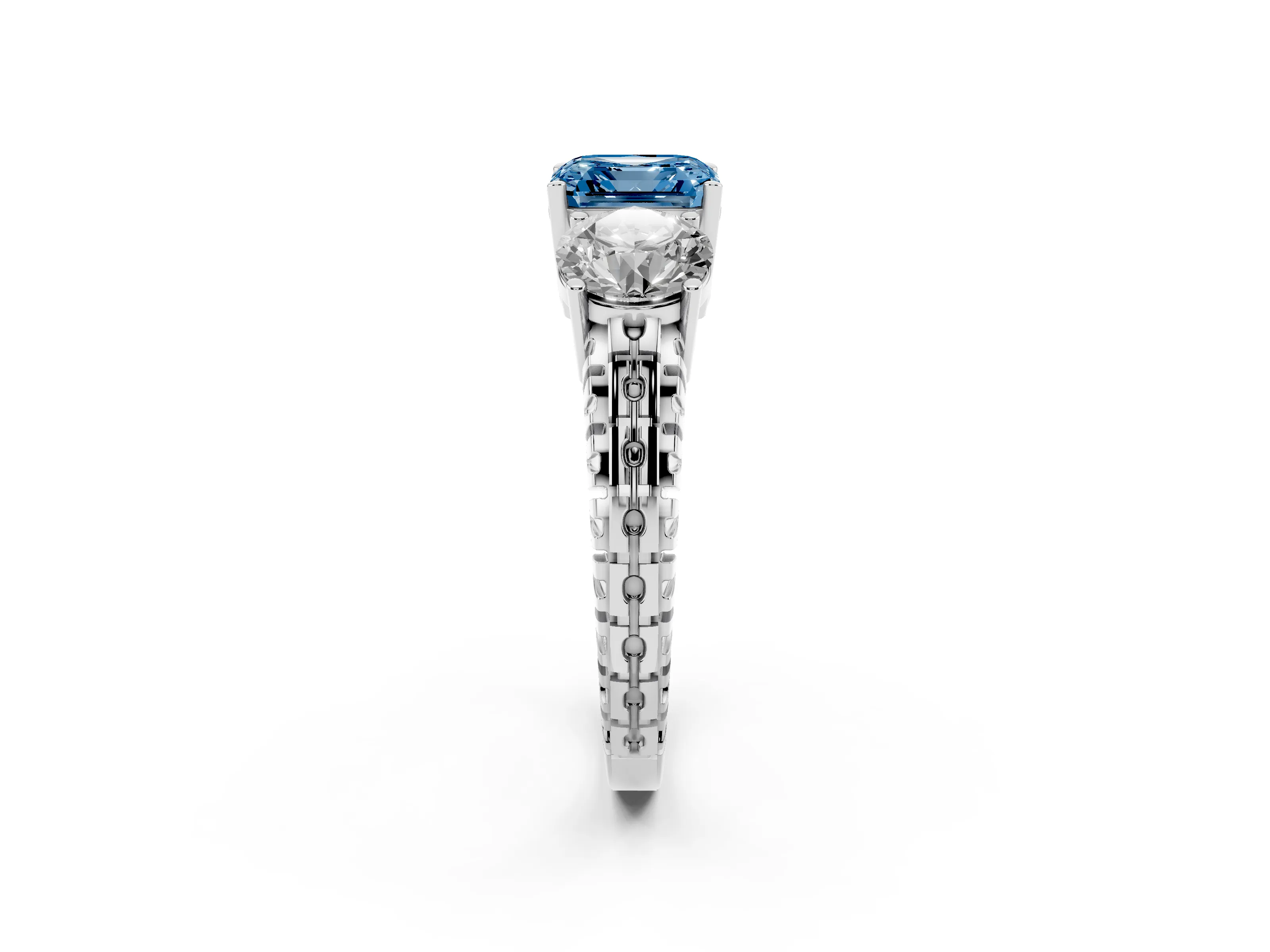Fancy Blue Asscher Cut Diamond Three-Stone Ring Set in Silver with Channel-Set Accent Band