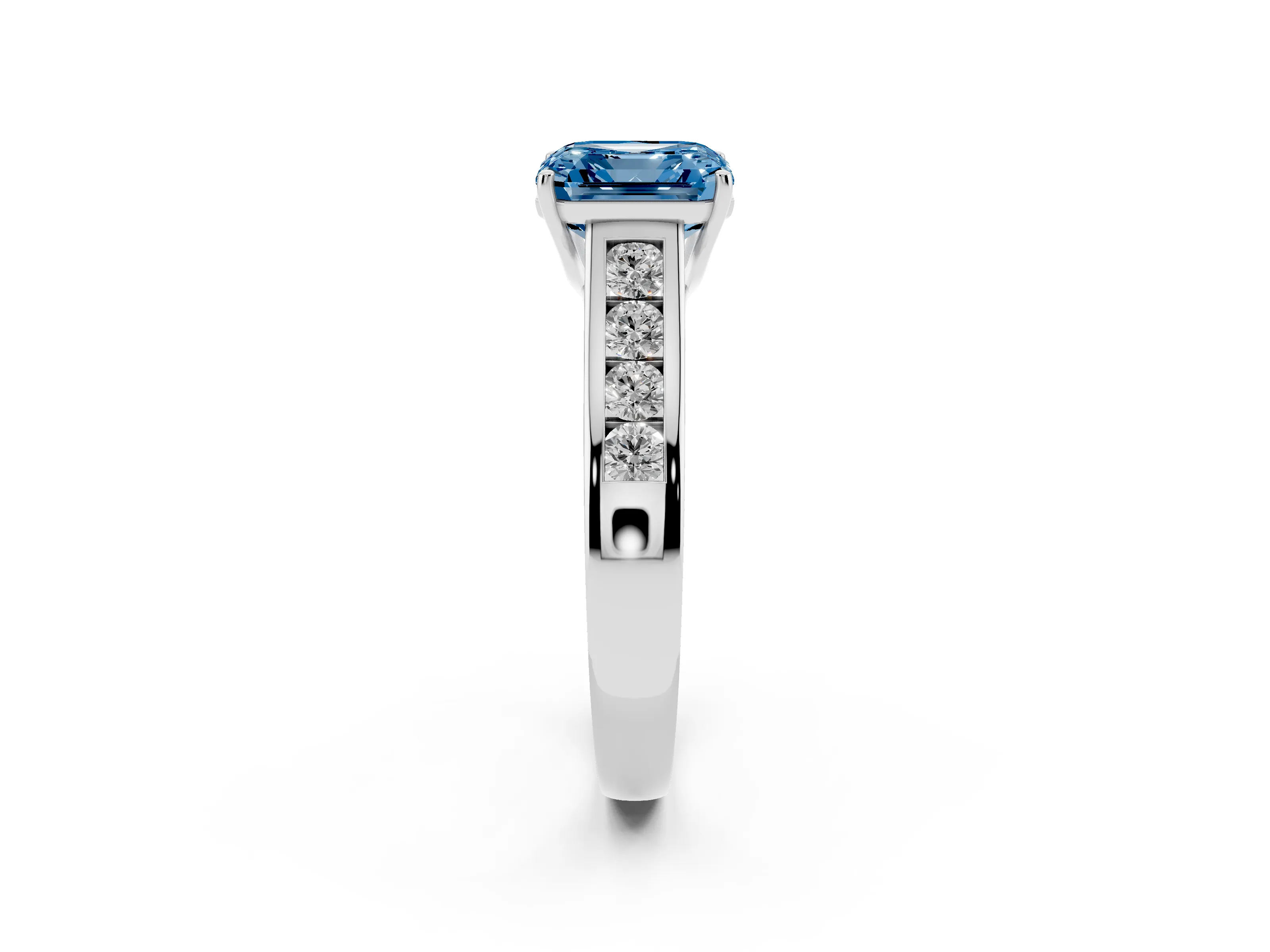 Fancy Blue Asscher Cut Diamond Brilliant Channel-Set Solitaire Ring Set in Platinum with Prong Setting