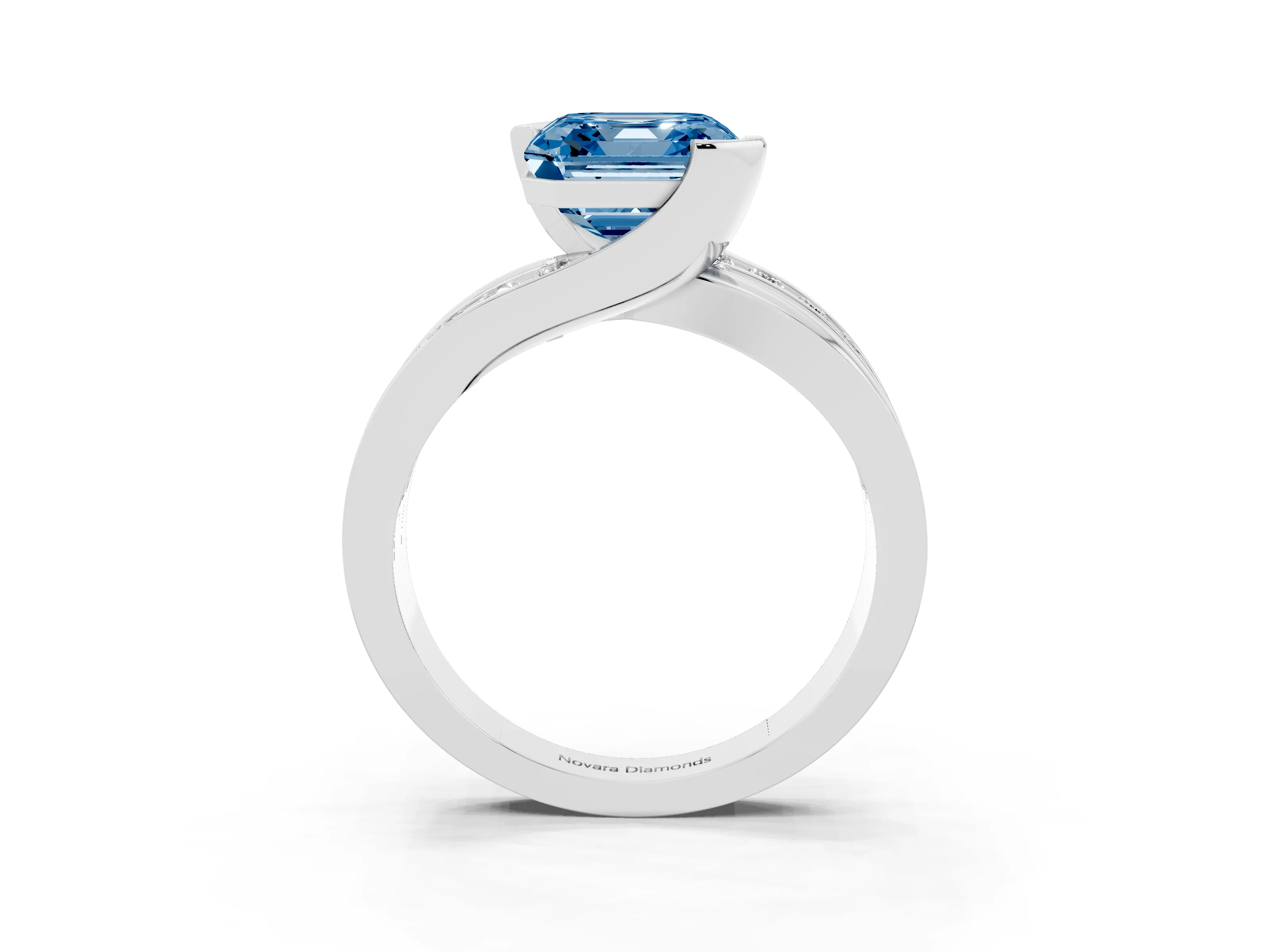 Fancy Blue Asscher Cut Diamond Solitaire Ring Set in White gold with Channel Set Split Shank and Tension Prongs