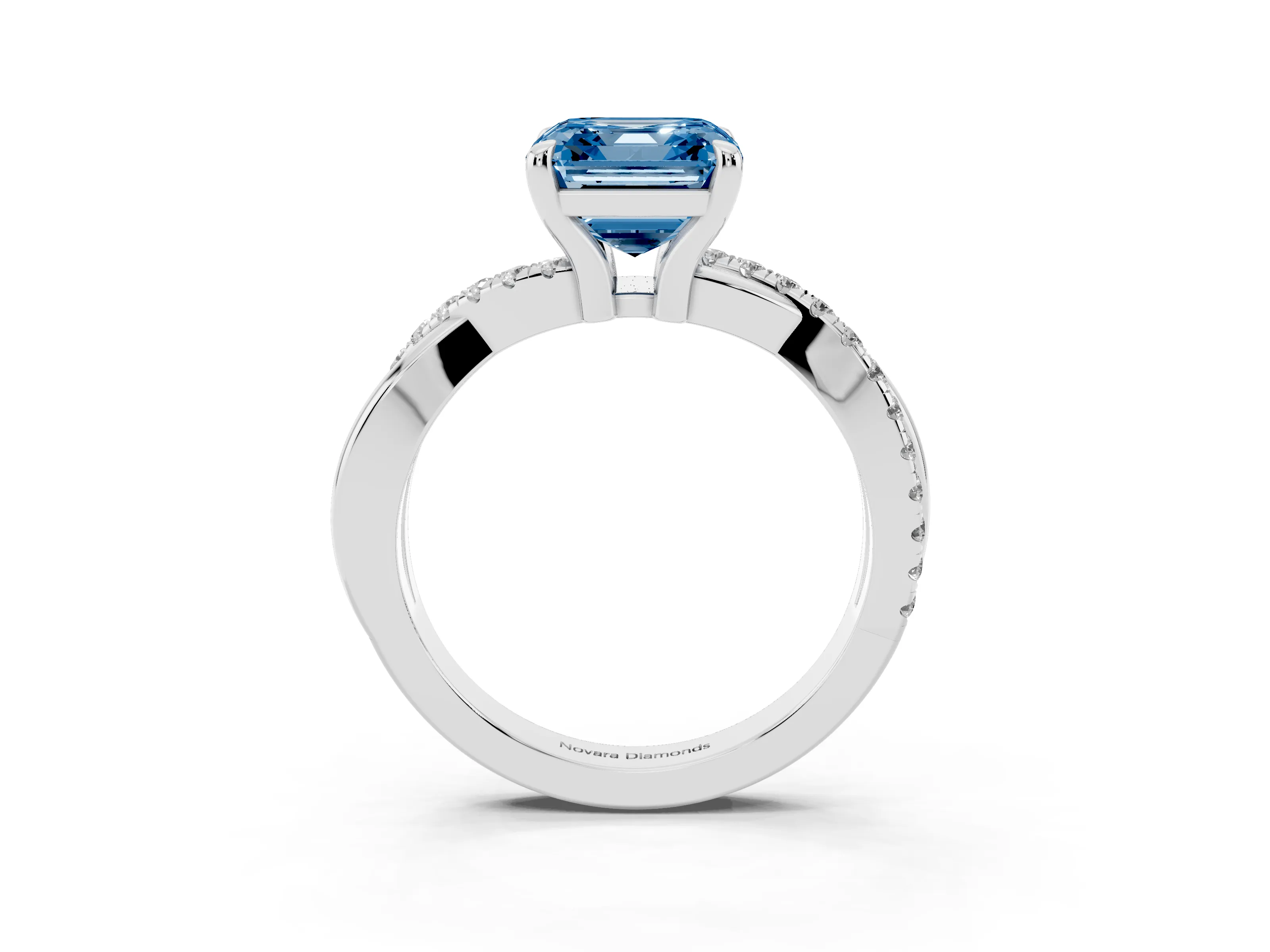 Fancy Blue Asscher Cut Diamond Twist Band Pavé Solitaire Ring Set in White gold with Prong Setting