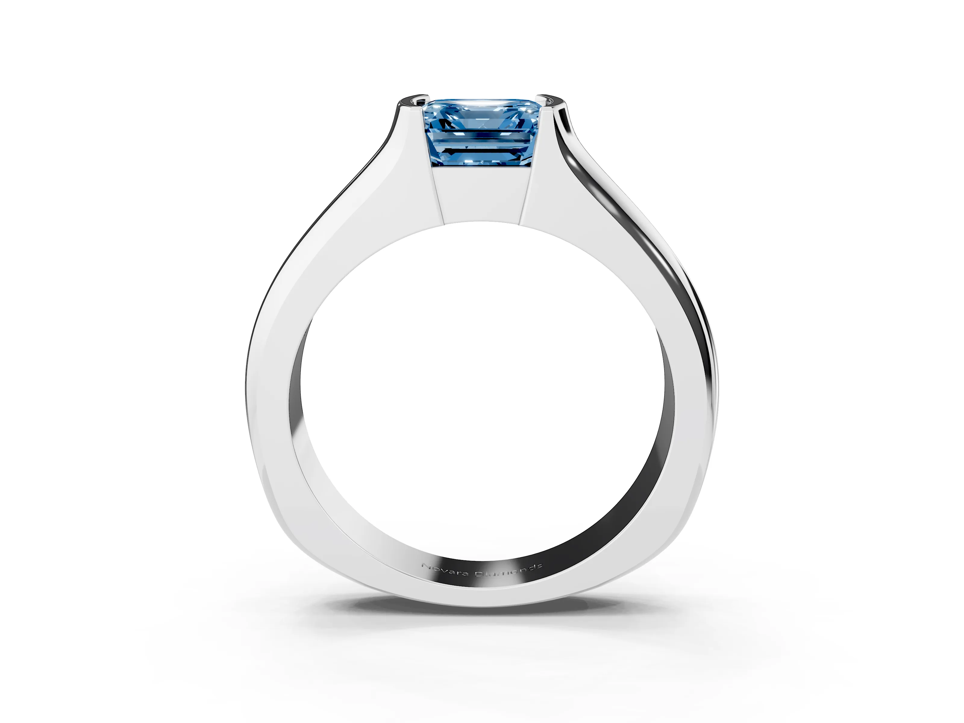 Fancy Blue Asscher Cut Diamond Bezel Solitaire Ring Set in White gold with Wide Band