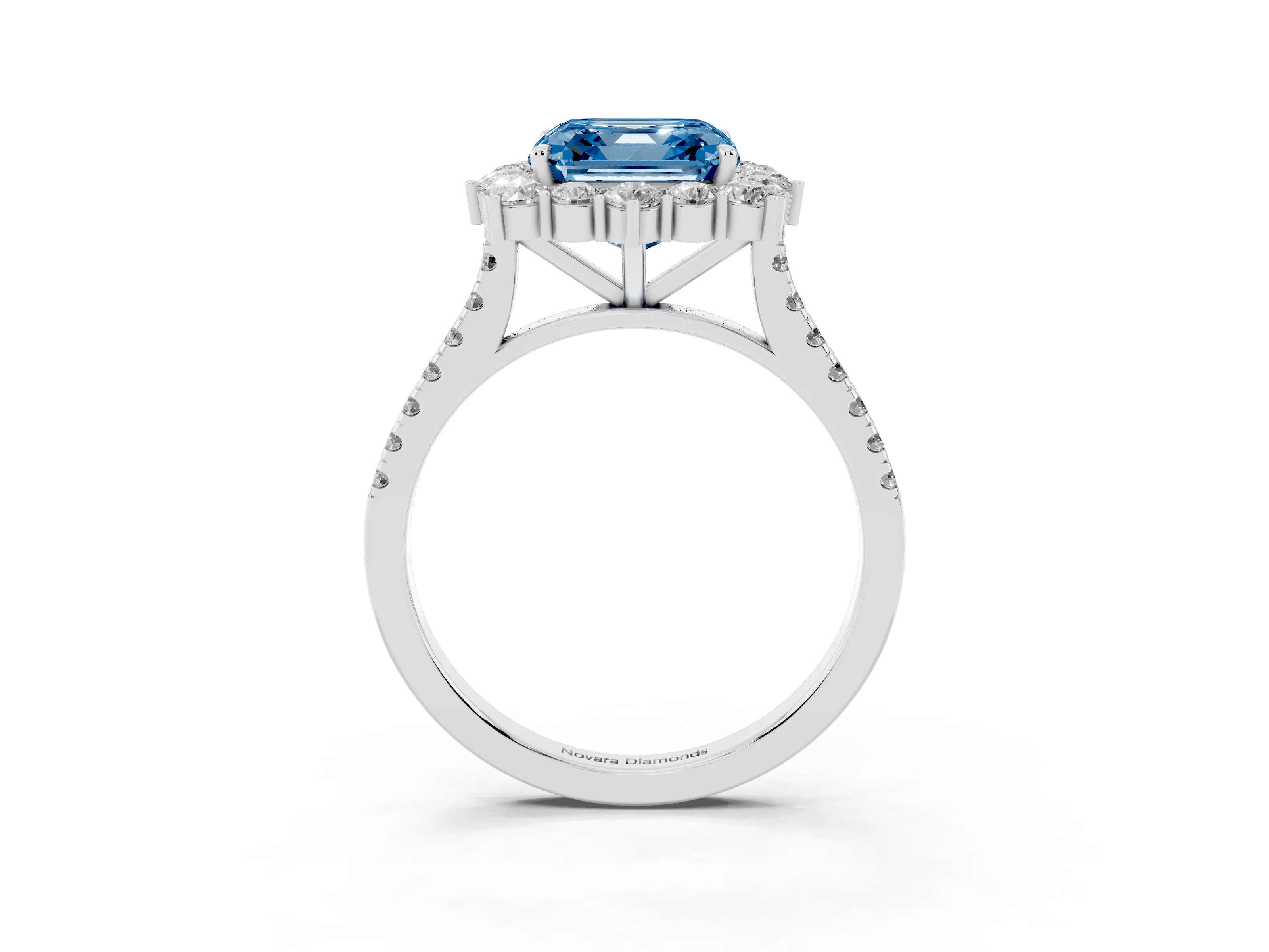 Fancy Blue Asscher Cut Diamond Halo Ring Set in Silver with Pavé Band and Prong Setting