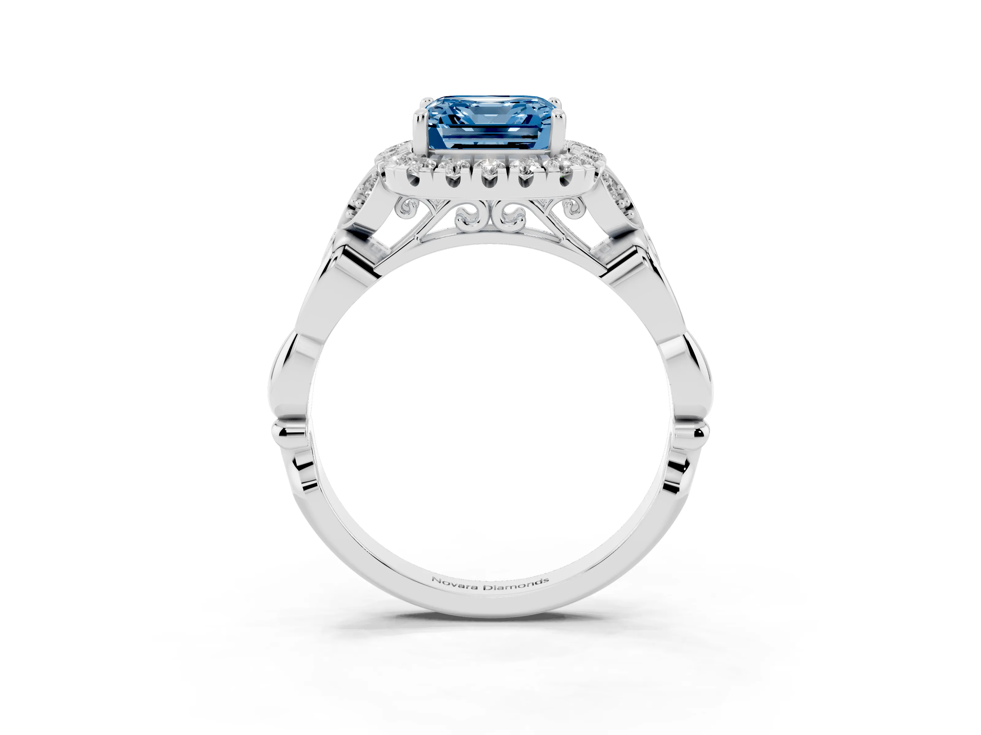 Fancy Blue Asscher Cut Diamond Halo Engagement Ring Set in Silver with Vintage-Inspired Band and Prong Setting