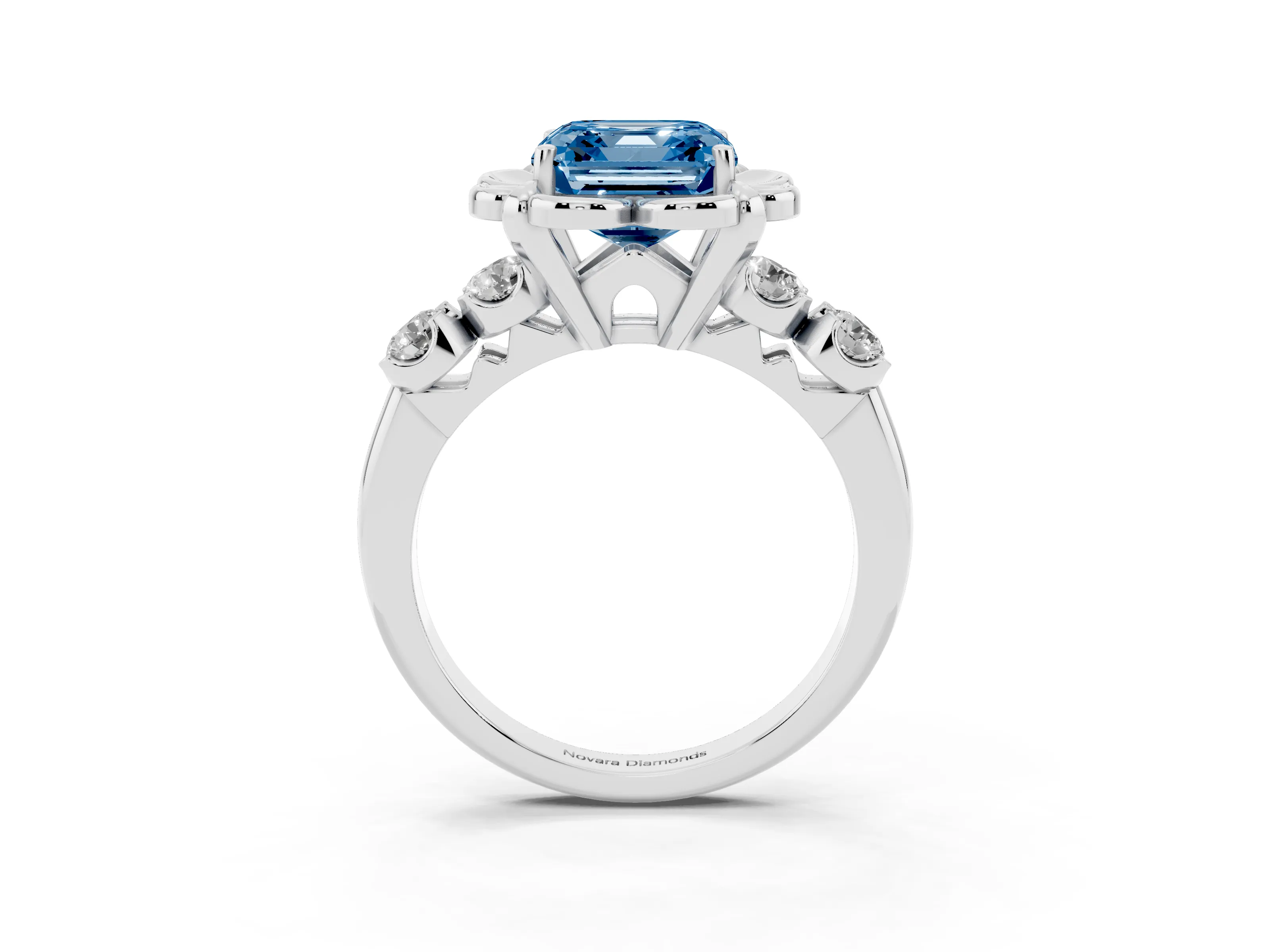 Fancy Blue Asscher Cut Diamond Floral Halo Ring Set in White gold with Shared Prong Band
