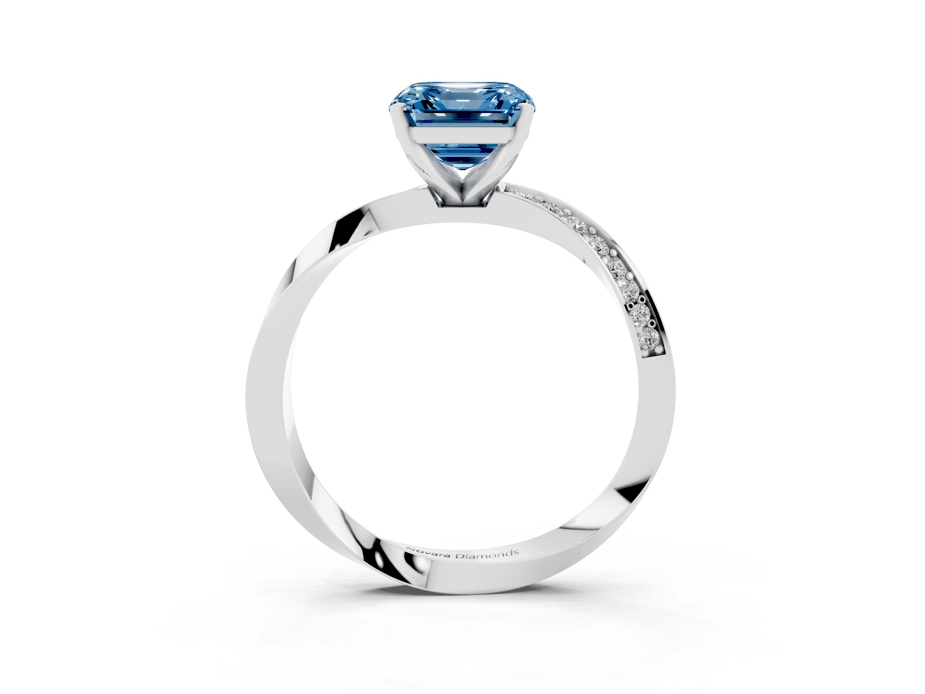 Fancy Blue Asscher Cut Diamond Engagement Ring Set in White gold with Side Stone Accents and Prong Setting