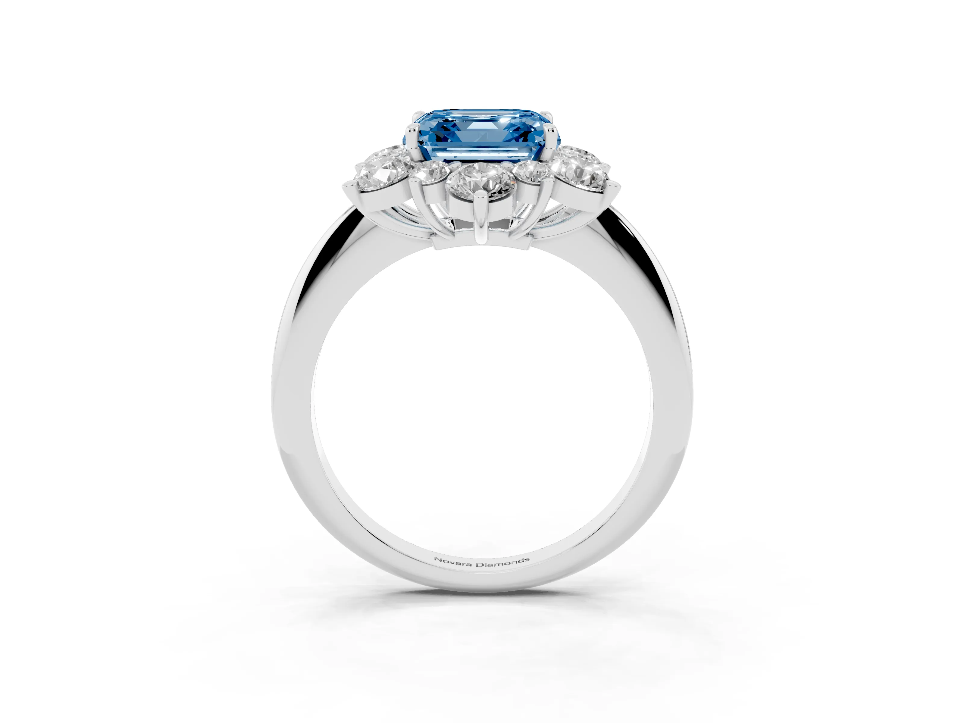 Fancy Blue Asscher Cut Diamond Cluster Halo Ring Set in White gold with Solitaire Band and Prong Setting