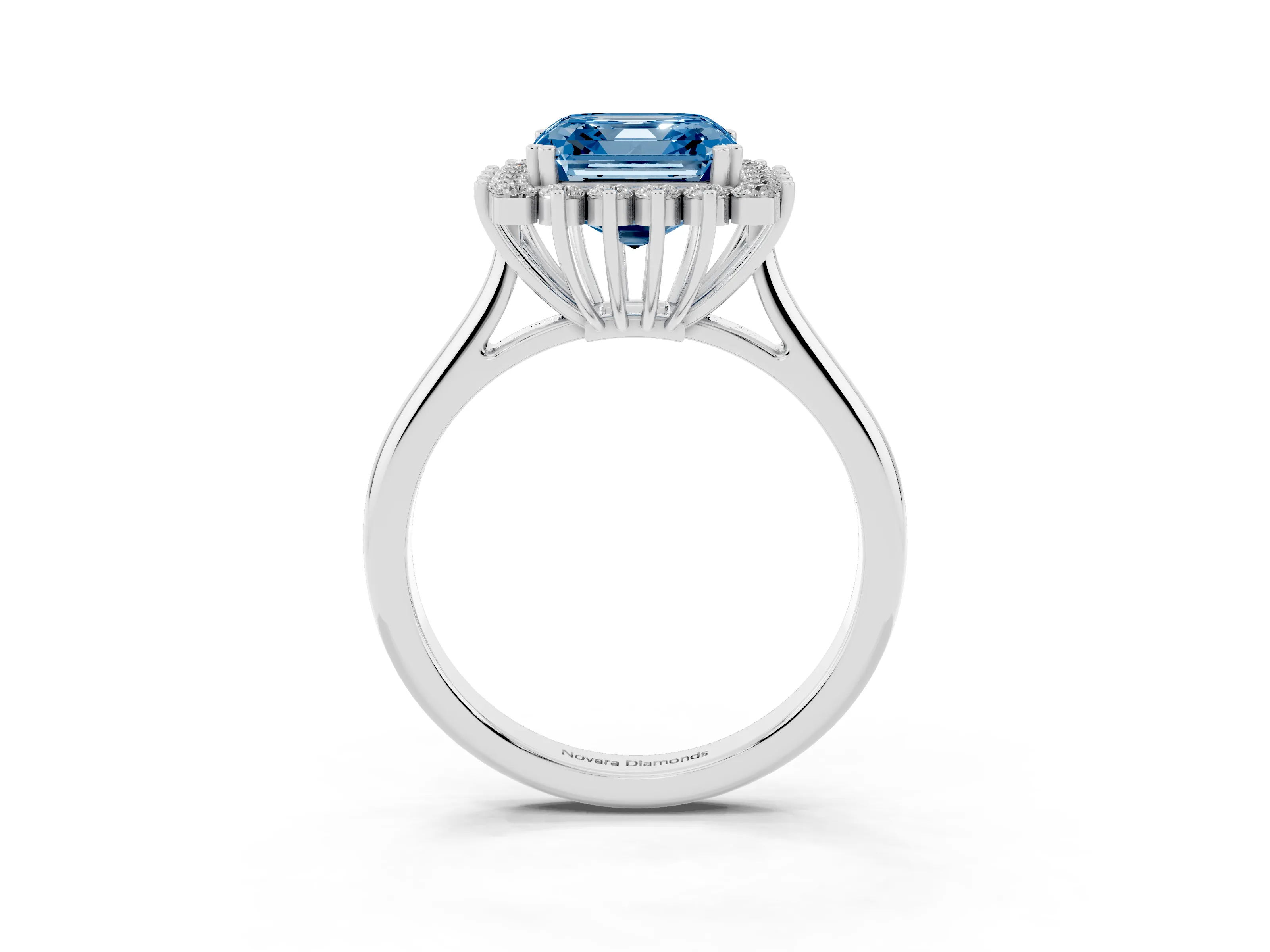 Fancy Blue Asscher Cut Diamond Halo Ring Set in Silver with Plain Solitaire Band and Prong Setting