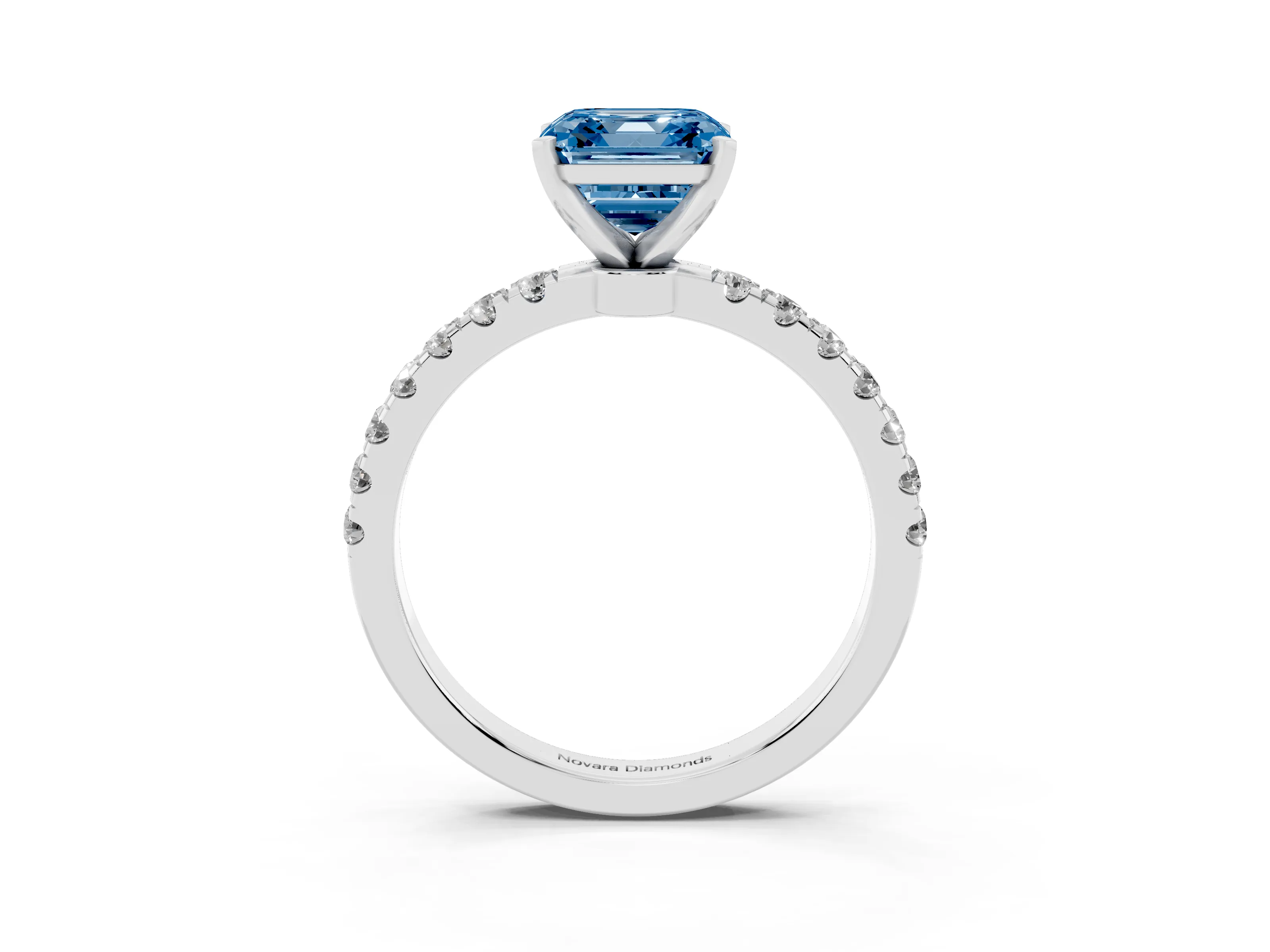 Fancy Blue Asscher Cut Diamond Solitaire Ring Set in Platinum with Pavé Accents and Prong Setting