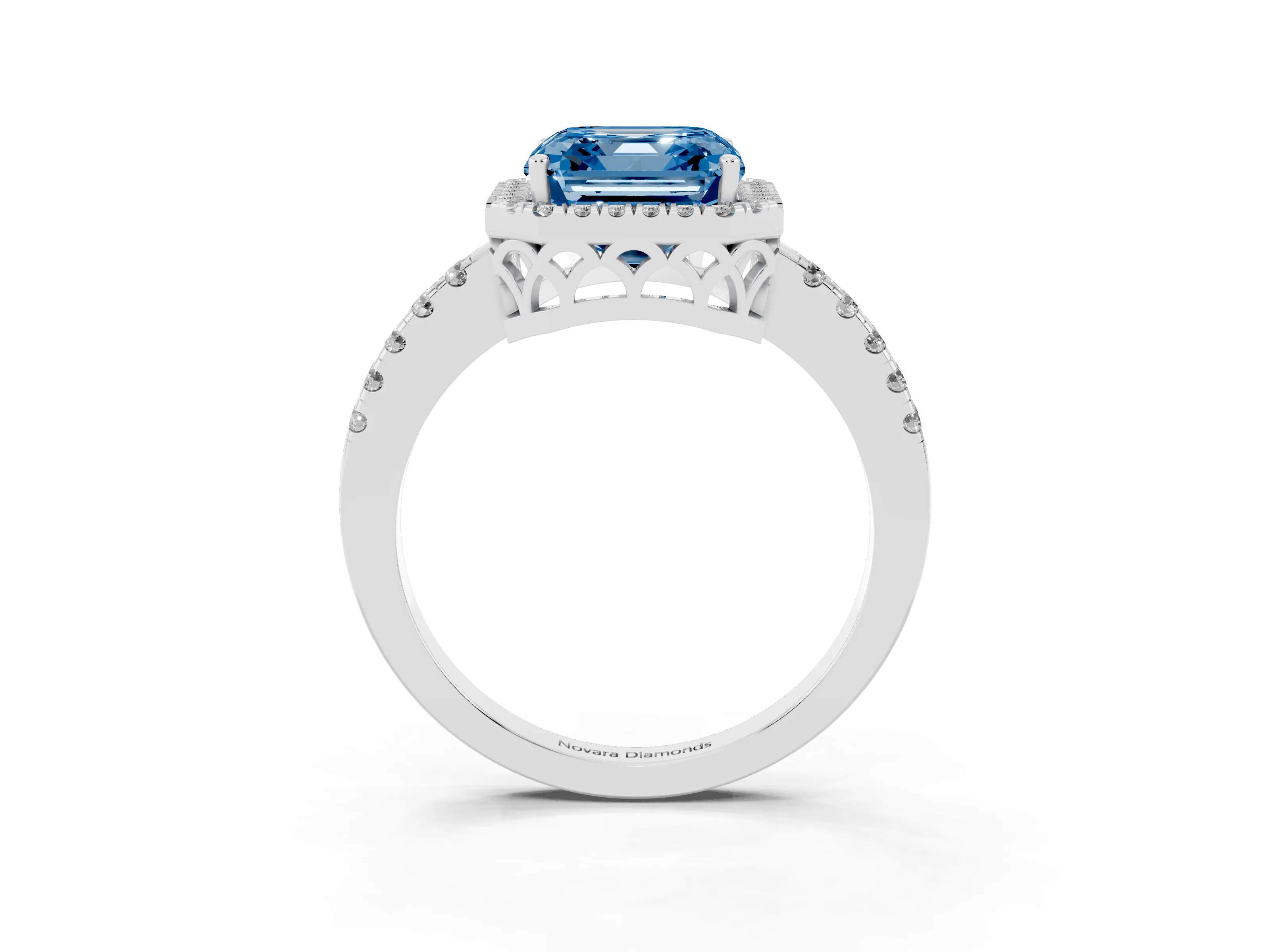 Fancy Blue Asscher Cut Diamond Pavé Band Halo Engagement Ring Set in White gold with Prong Setting