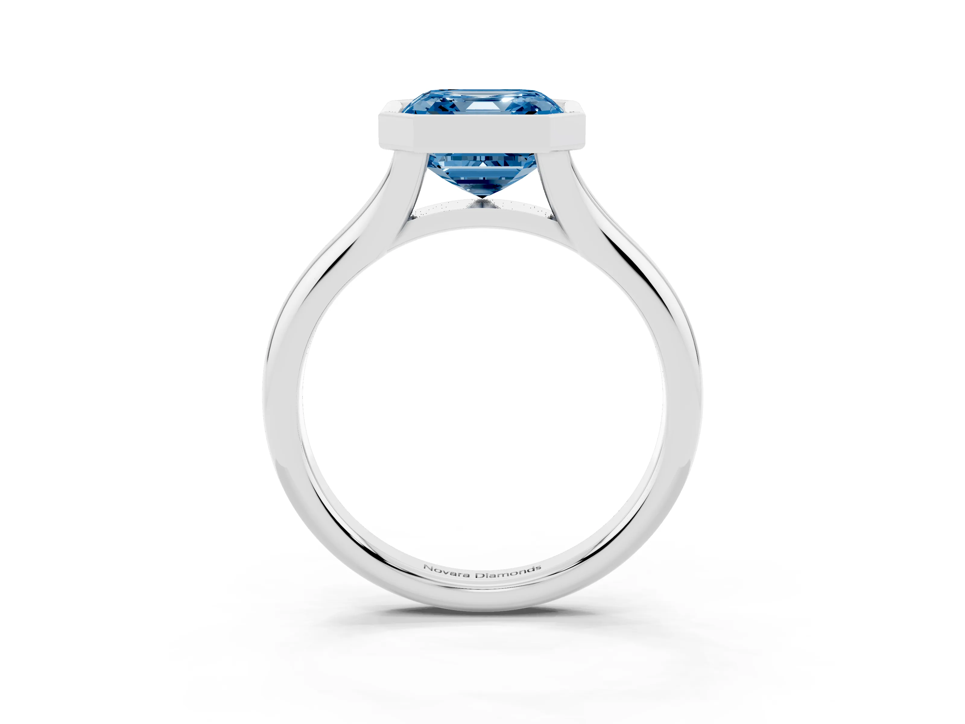 Fancy Blue Bezel Set Asscher Cut Diamond Solitaire Ring Set in Silver with Smooth Band