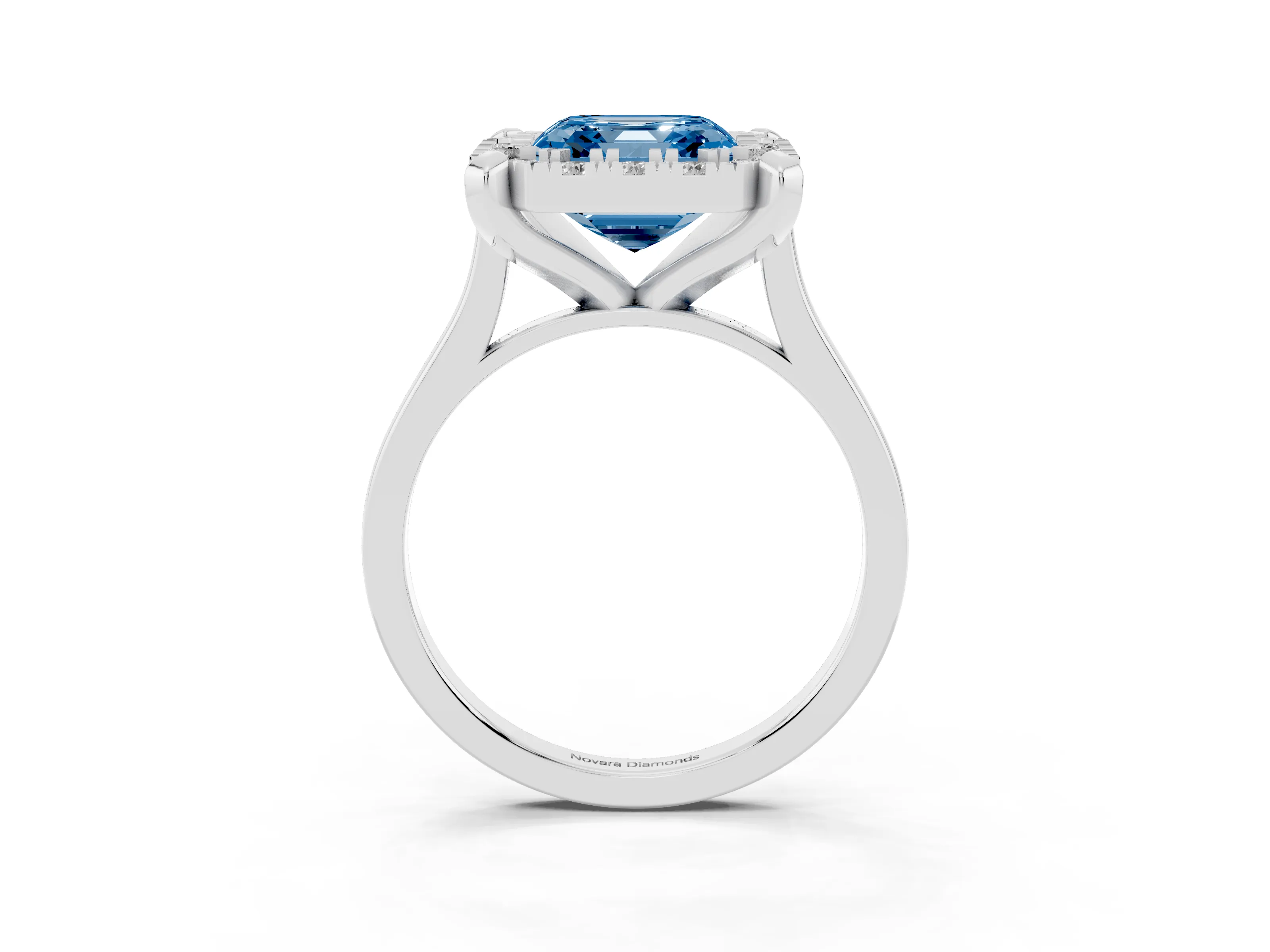 Fancy Blue Asscher Cut Diamond Cluster Halo Solitaire Ring Set in White gold with Prong Setting