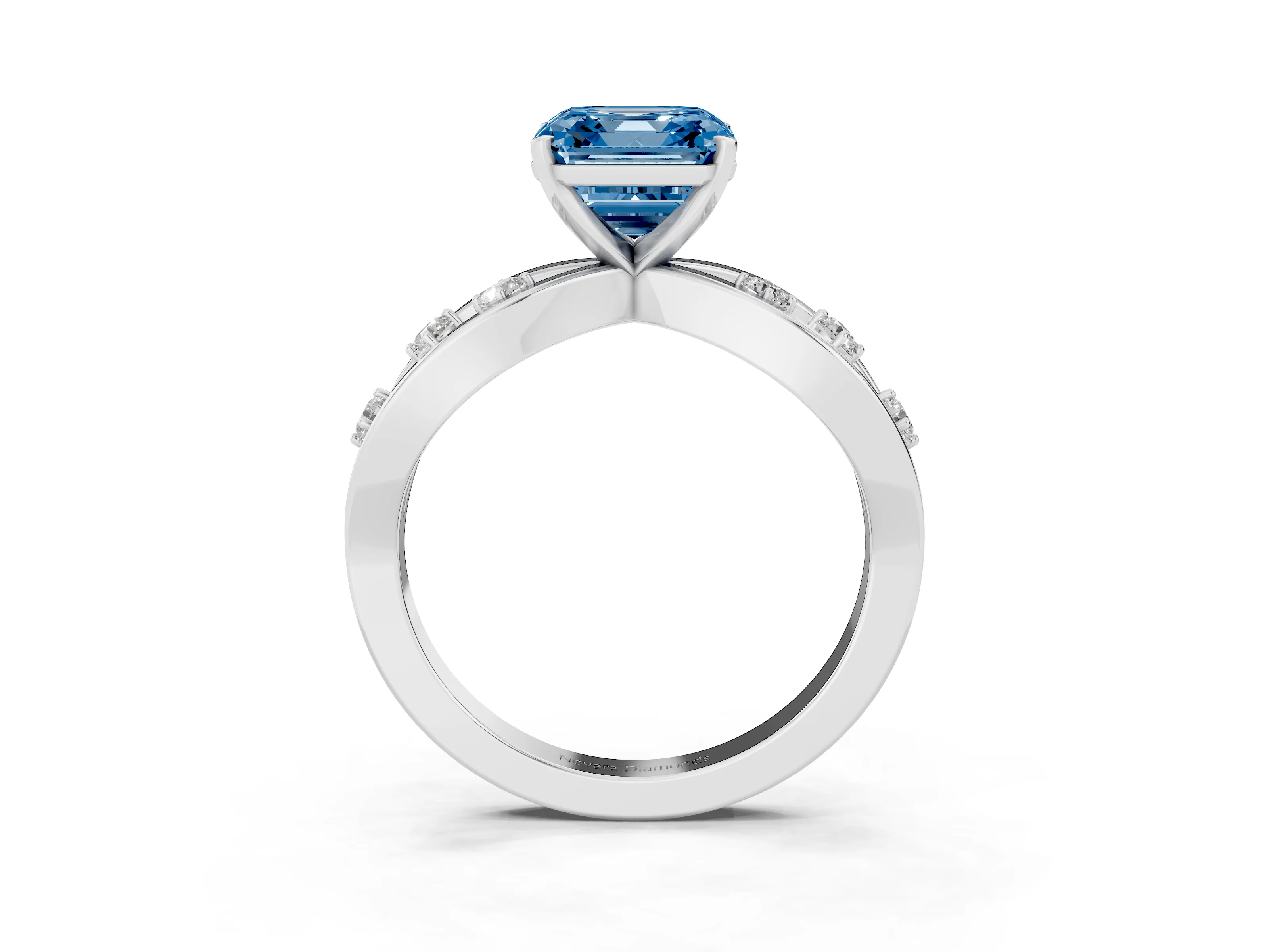 Fancy Blue Asscher Cut Diamond Solitaire Ring Set in White gold with Side Stones on Criss-Cross Band and Prong Setting
