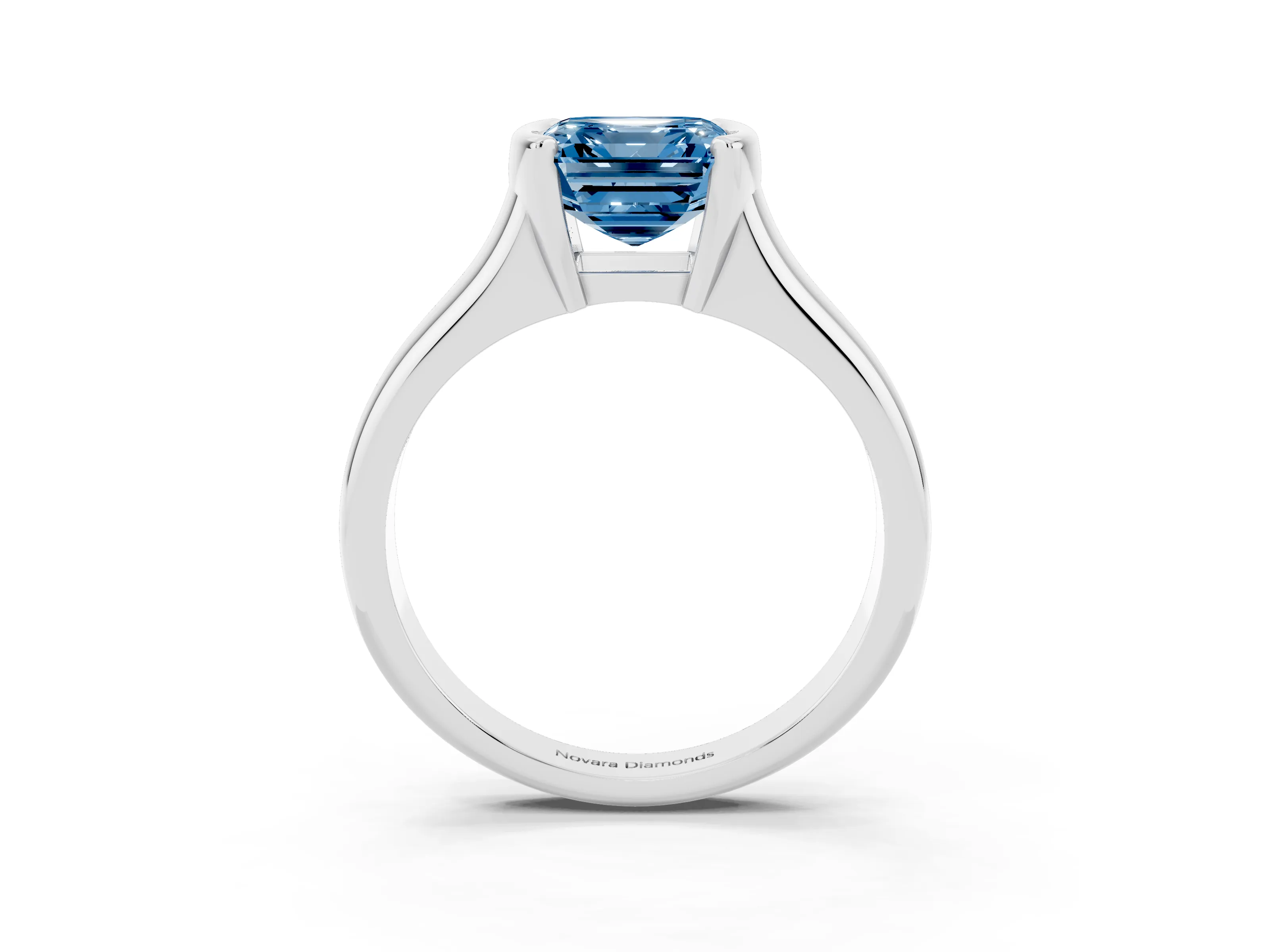 Fancy Blue Asscher Cut Diamond Solitaire Tension Set Ring Set in White gold with Split Shank Band