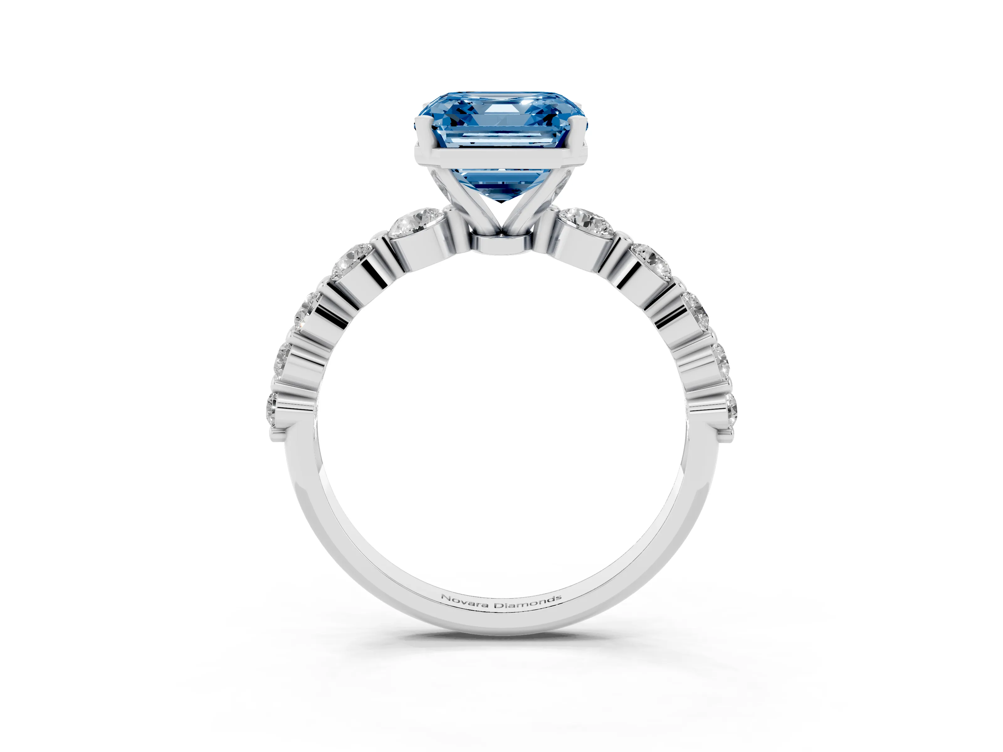 Fancy Blue Asscher Cut Diamond Solitaire Ring Set in Platinum with Pavé Band and Prong Setting