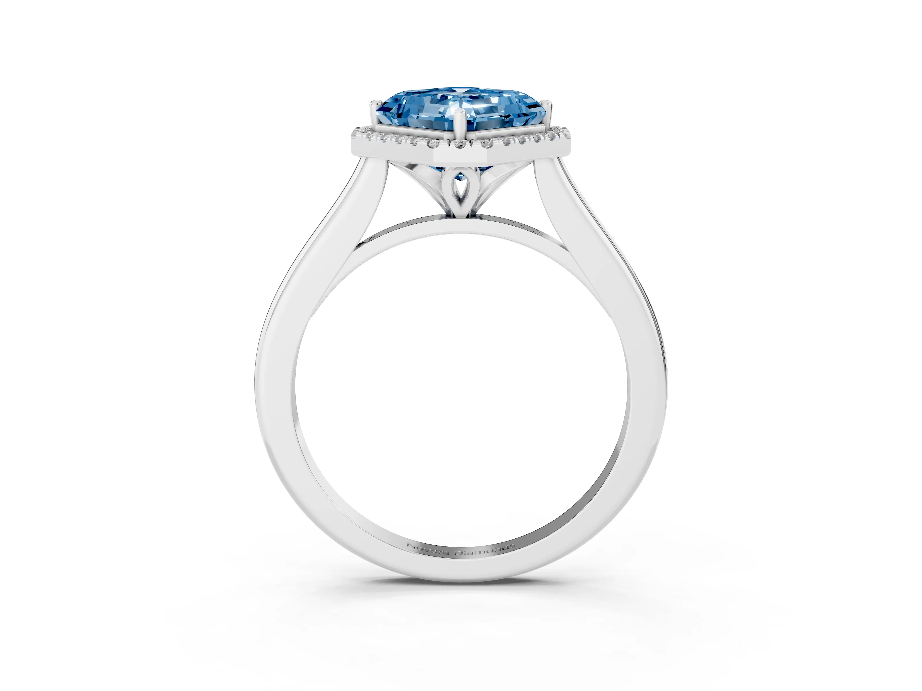 Fancy Blue Asscher Cut Diamond Halo Engagement Ring Set in White gold with Pavé Band and Rising Shoulders