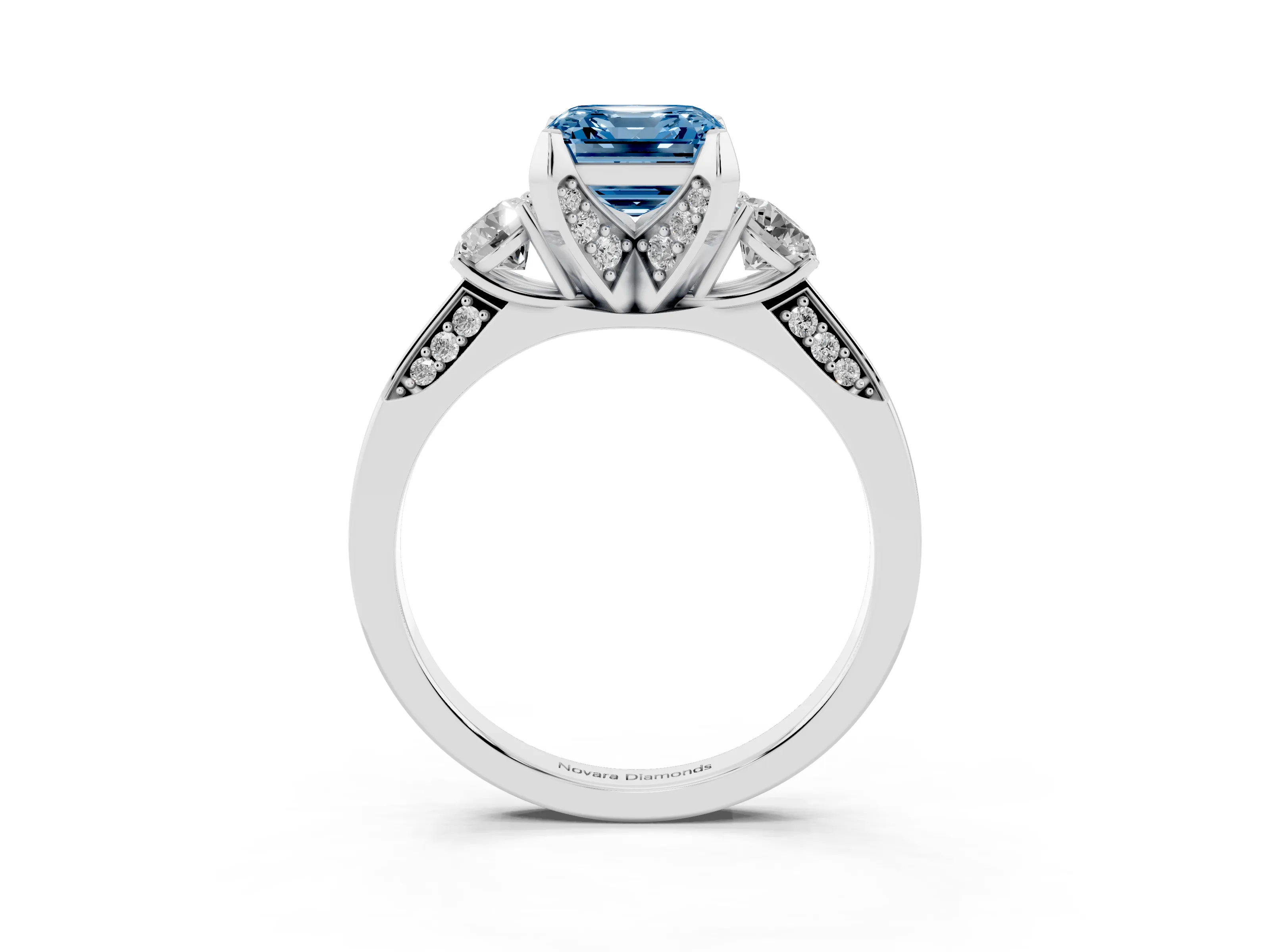 Fancy Blue Asscher Cut Diamond Three-Stone Ring Set in Silver with Pavé Band and Smaller Side Stones