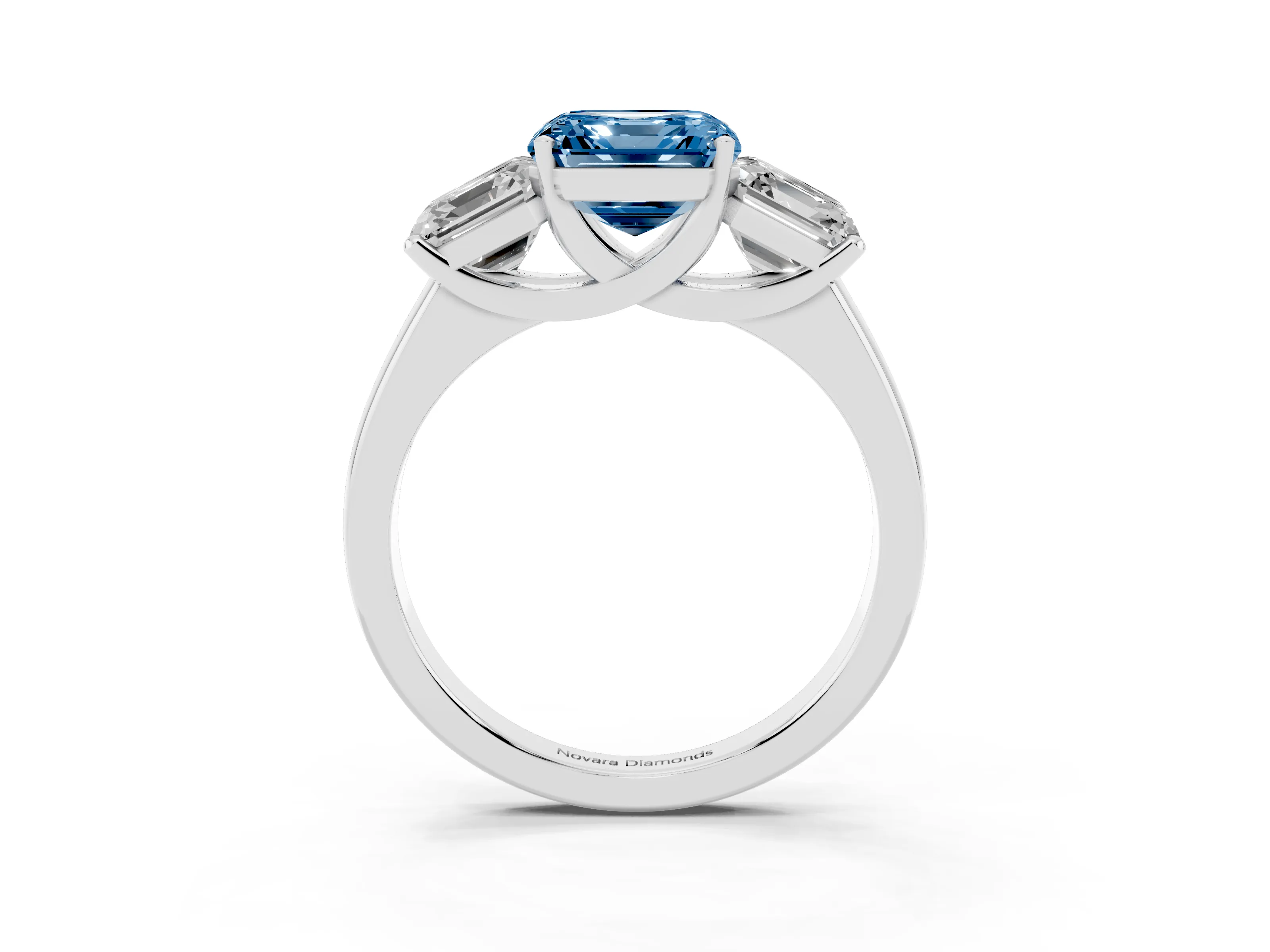Fancy Blue Asscher Cut Diamond Three-Stone Ring Set in Silver with Classic Prong Setting and Plain Band
