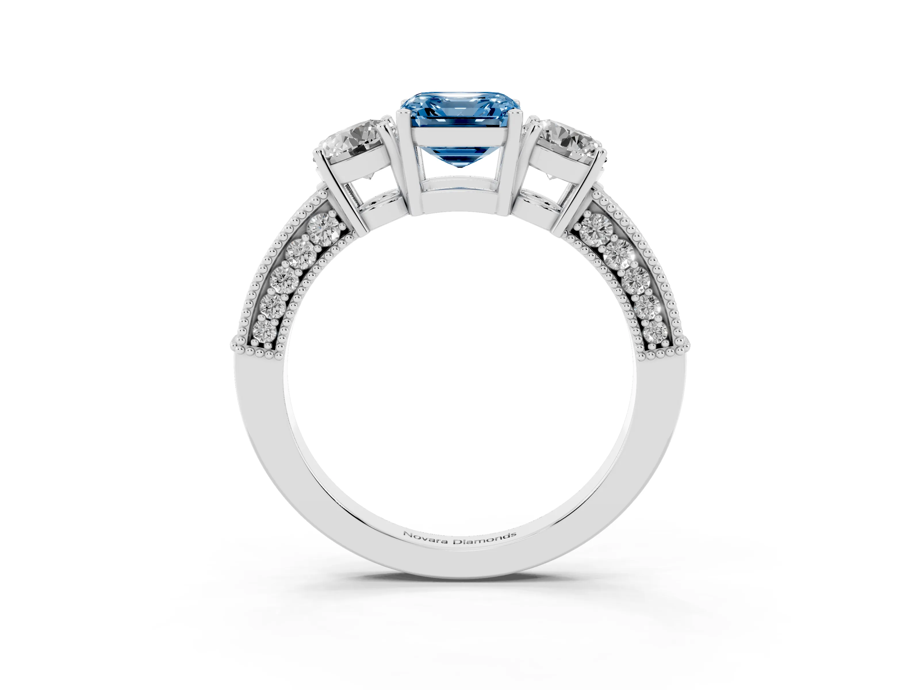 Fancy Blue Asscher Cut Diamond Three-Stone Ring Set in Platinum with Round Side Stones and Pavé Band