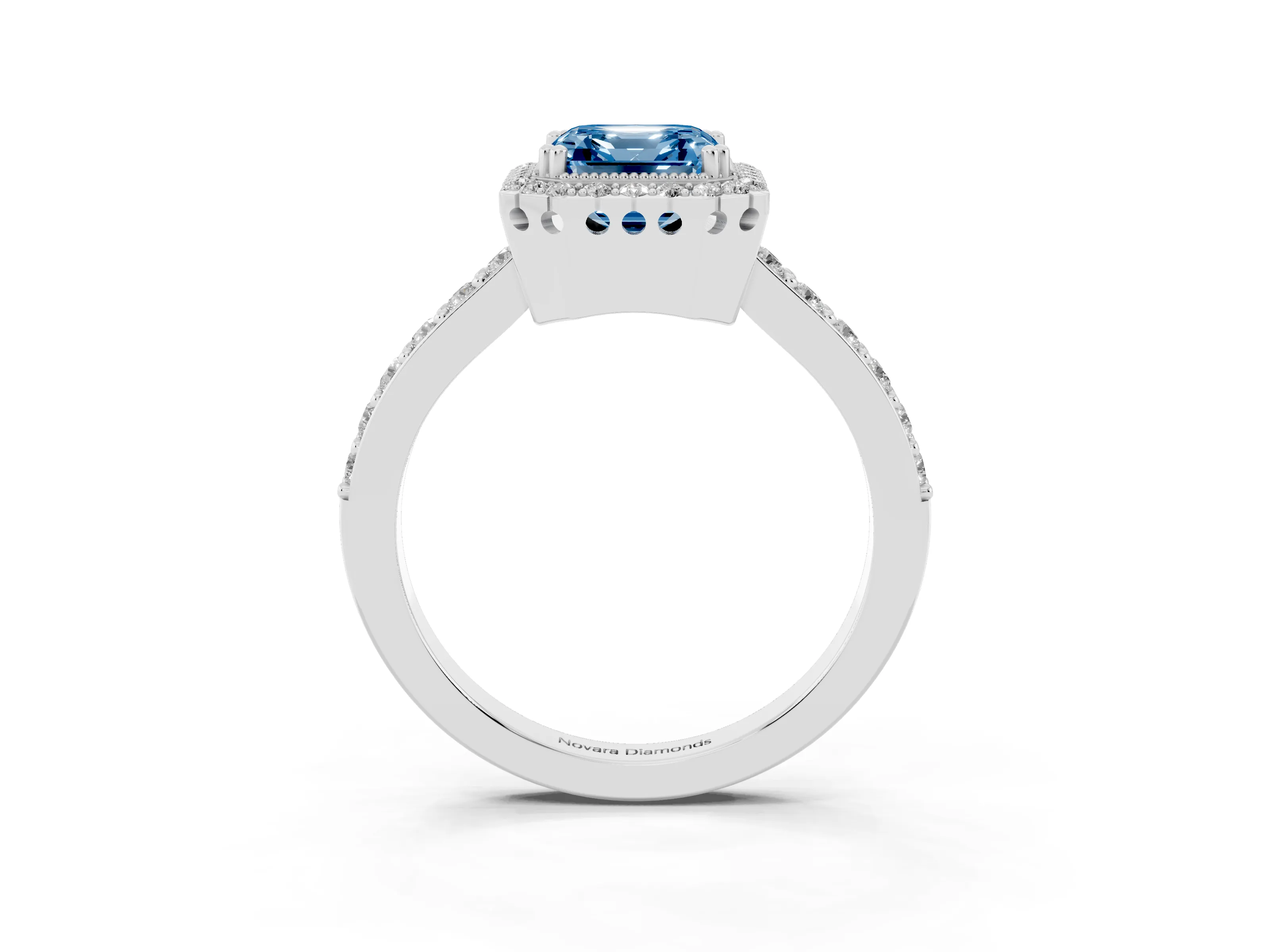 Fancy Blue Asscher Cut Diamond Halo Engagement Ring Set in White gold with Milgrain Detail and Pavé Band