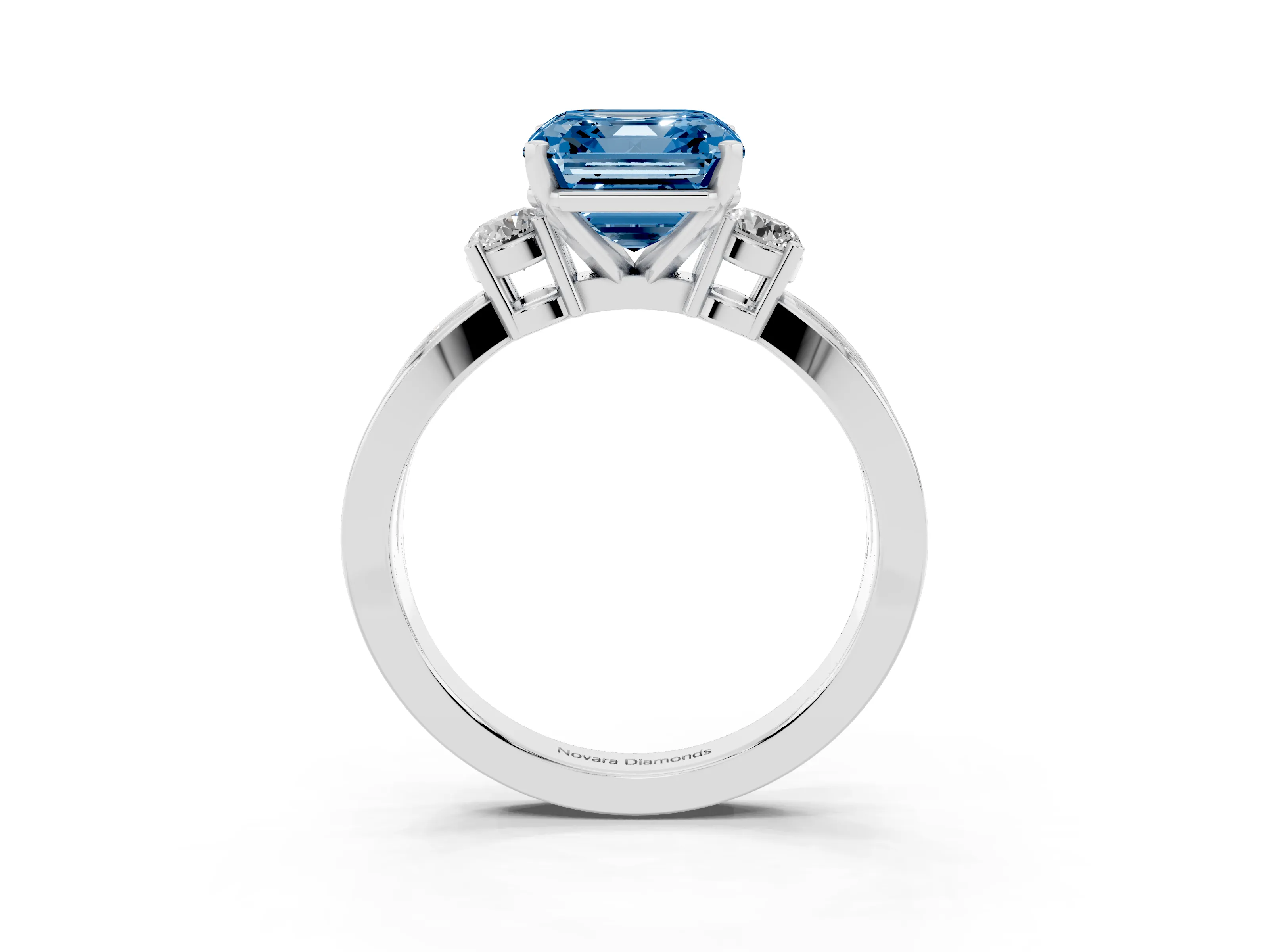 Fancy Blue Three-Stone Asscher Cut Diamond Twist Band Ring Set in Silver with Pavé Accents and Prong Setting