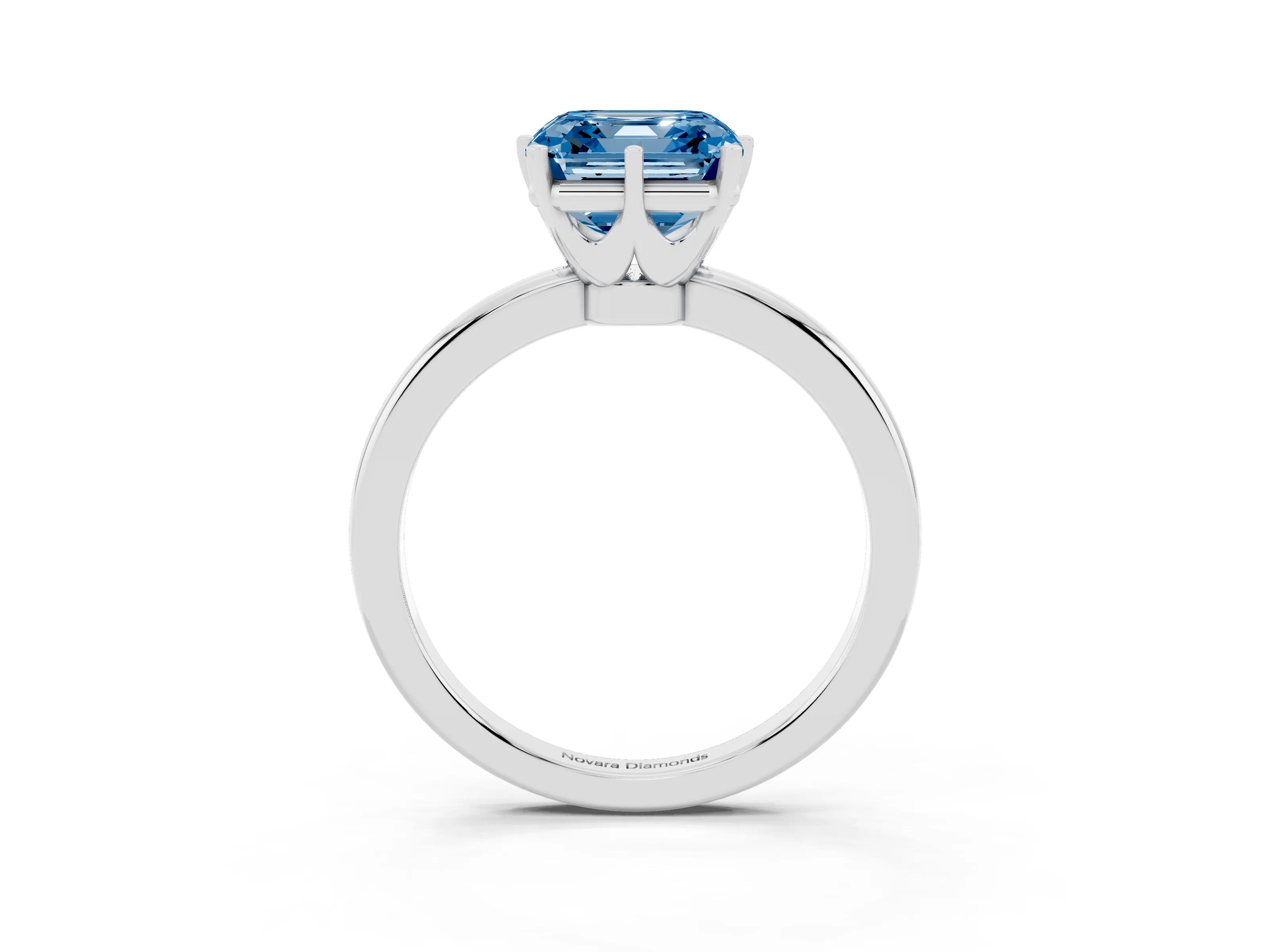 Fancy Blue Asscher Cut Diamond Solitaire Ring Set in Silver with Raised Prong Setting on a Classic Band