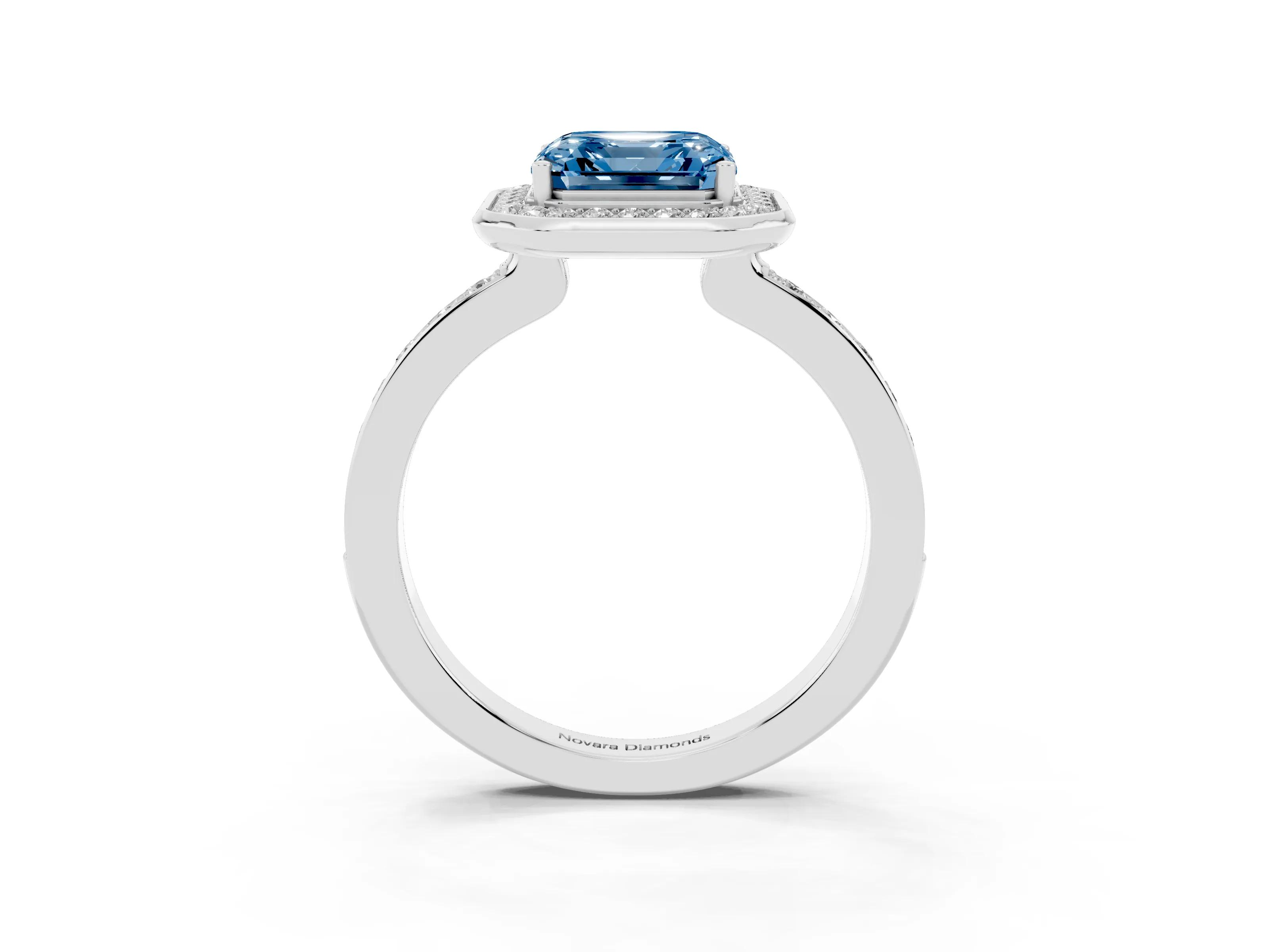 Fancy Blue Asscher Cut Diamond Halo Ring Set in White gold with Bezel Frame and Pavé Band