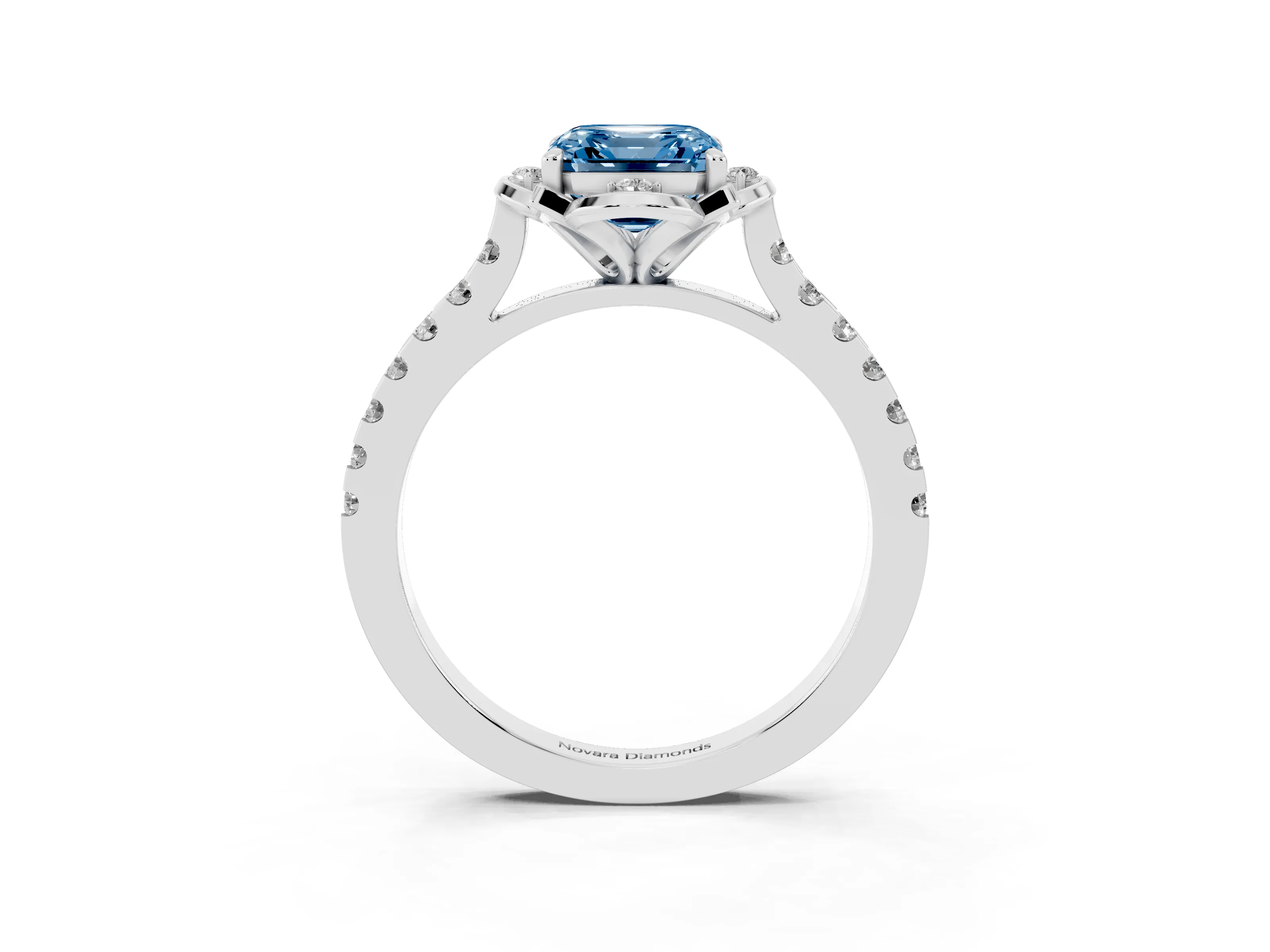 Fancy Blue Asscher Cut Diamond Solitaire Ring Set in Platinum with Pavé Band and Floral Prong Setting