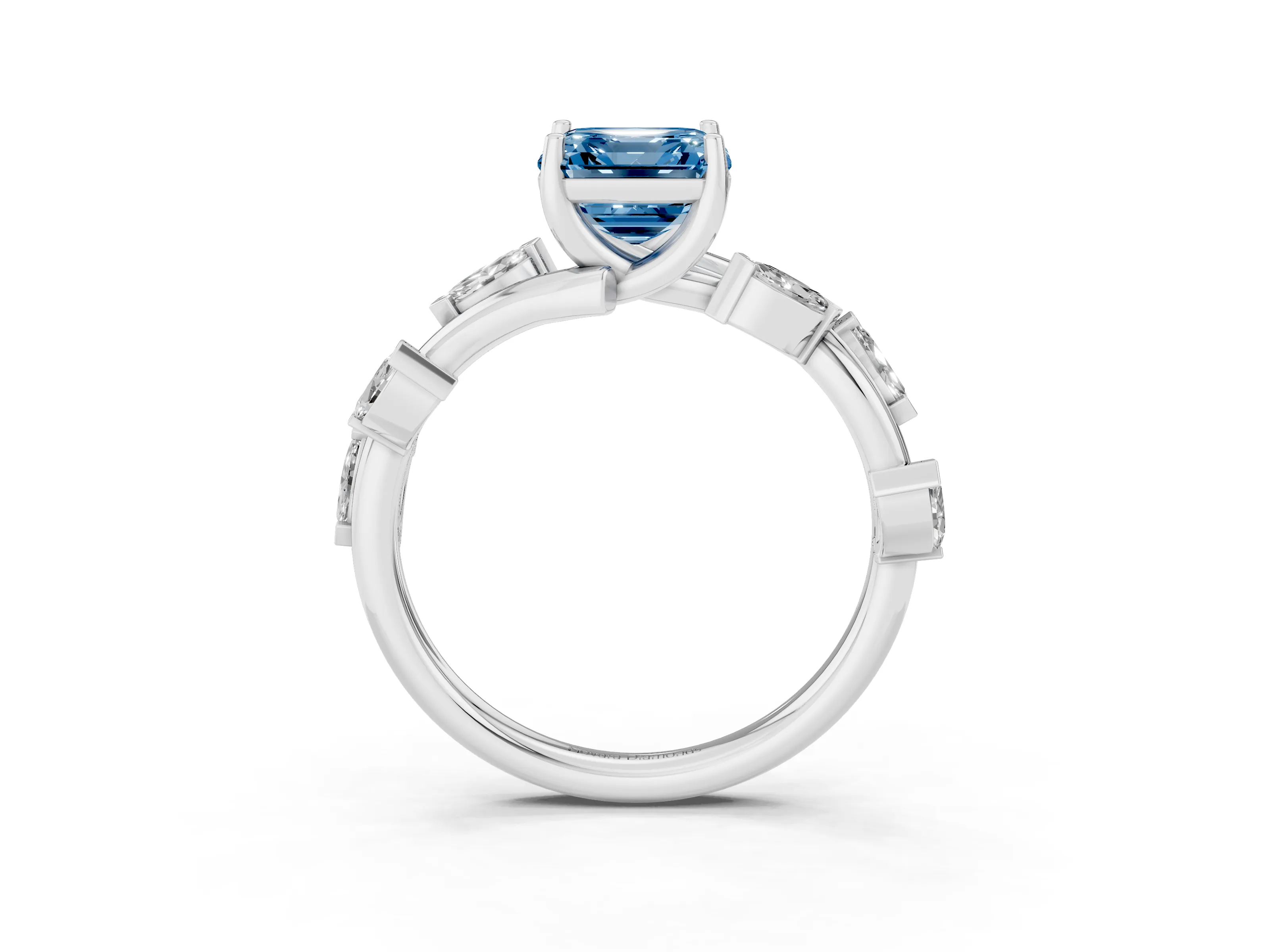 Fancy Blue Asscher Cut Diamond Solitaire Ring Set in White gold with Twisted Marquise Accent Band