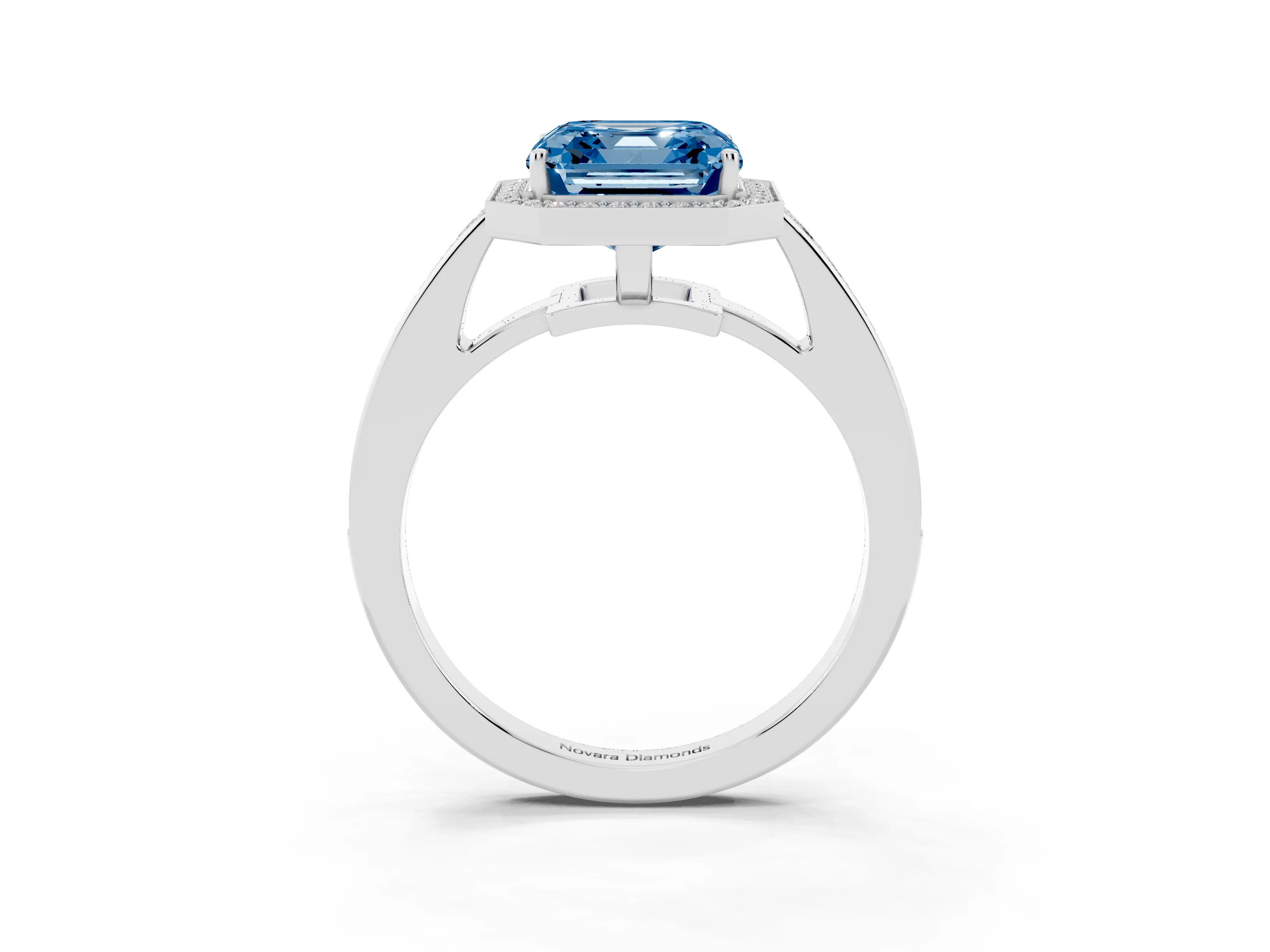 Fancy Blue Asscher Cut Diamond Halo Pavé Engagement Ring Set in Silver with Bezel Setting