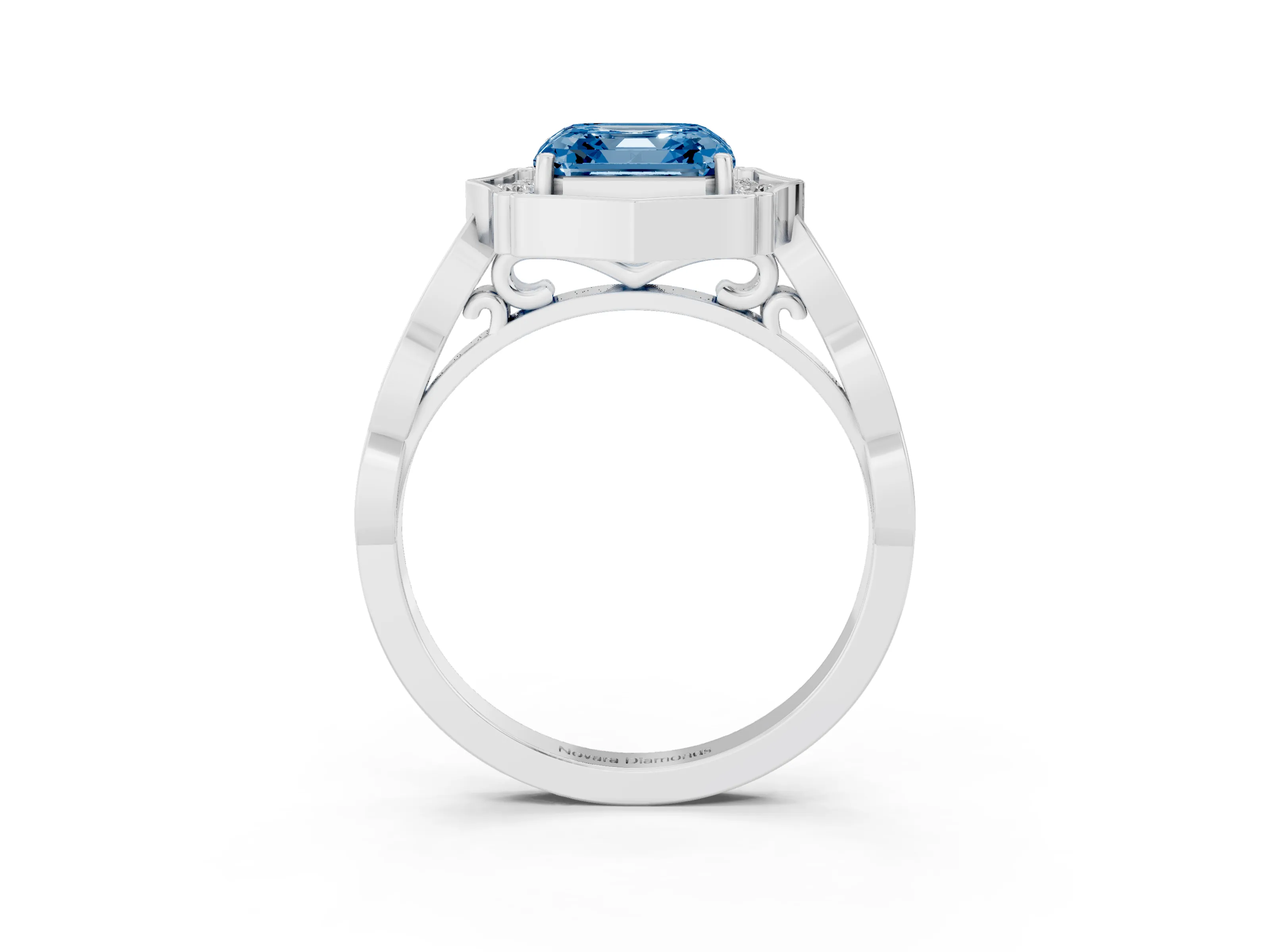 Fancy Blue Asscher Cut Diamond Halo Engagement Ring Set in White gold with Milgrain Band and Prong Setting