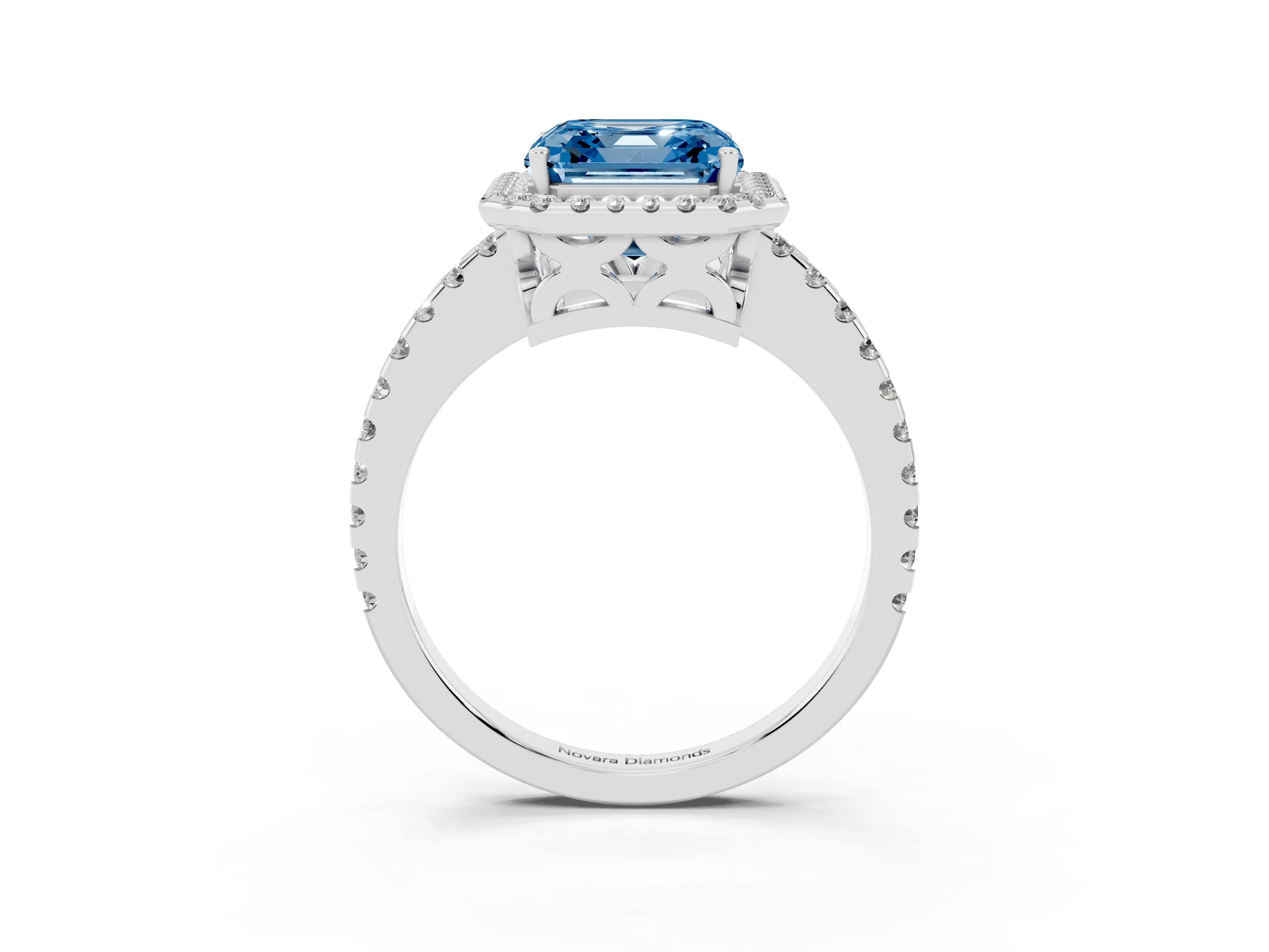 Fancy Blue Asscher Cut Diamond Halo Ring Set in Platinum with Pavé Shoulders and Halo-Framed Center