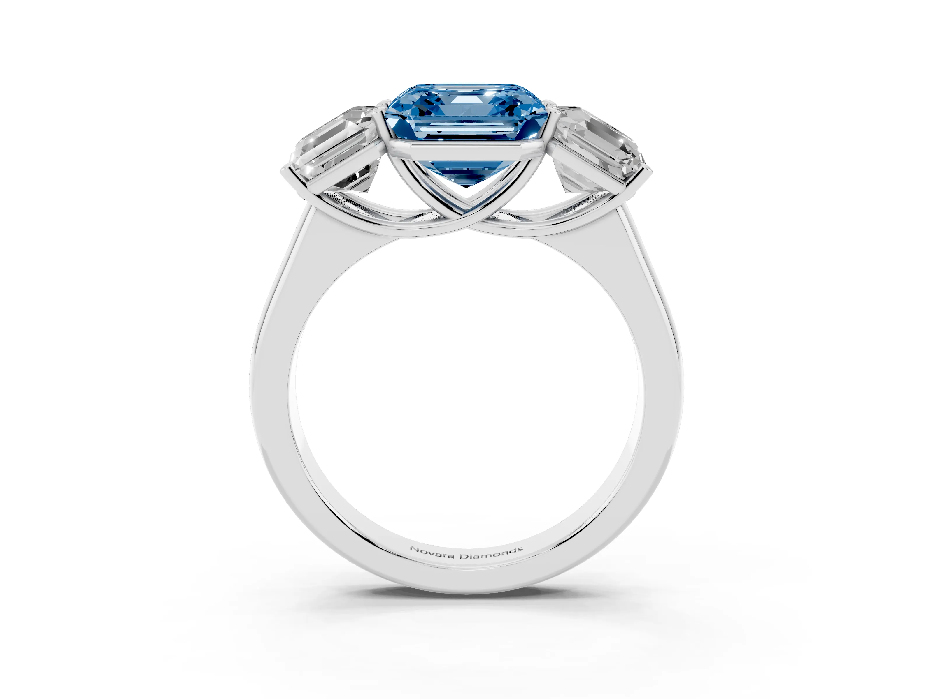 Fancy Blue Asscher Cut Diamond Three-Stone Ring Set in White gold with Plain Polished Band