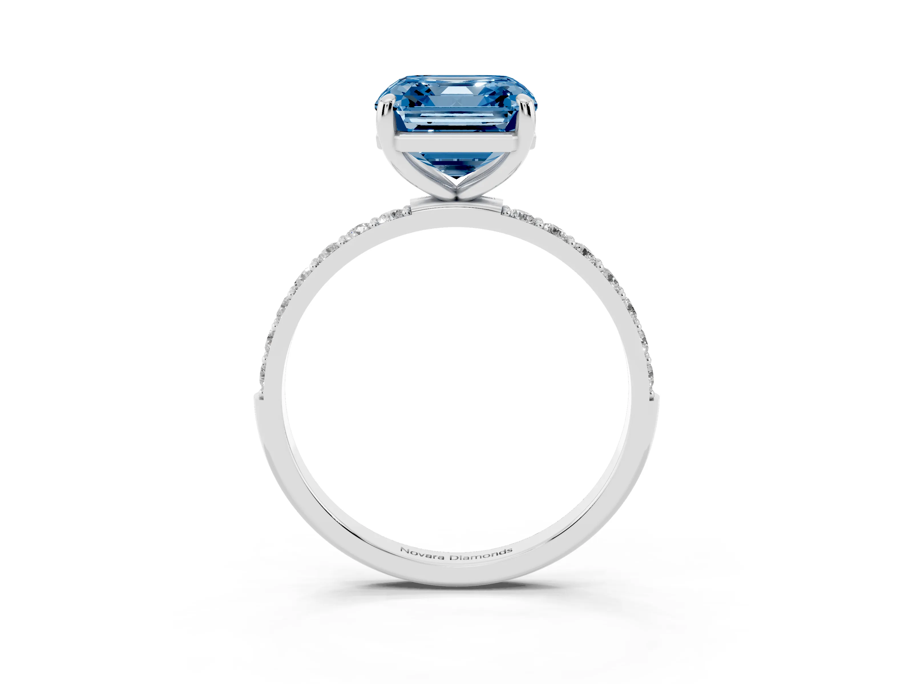Fancy Blue Asscher Cut Diamond Solitaire Ring Set in Platinum with Round Pavé Band and Prong Setting