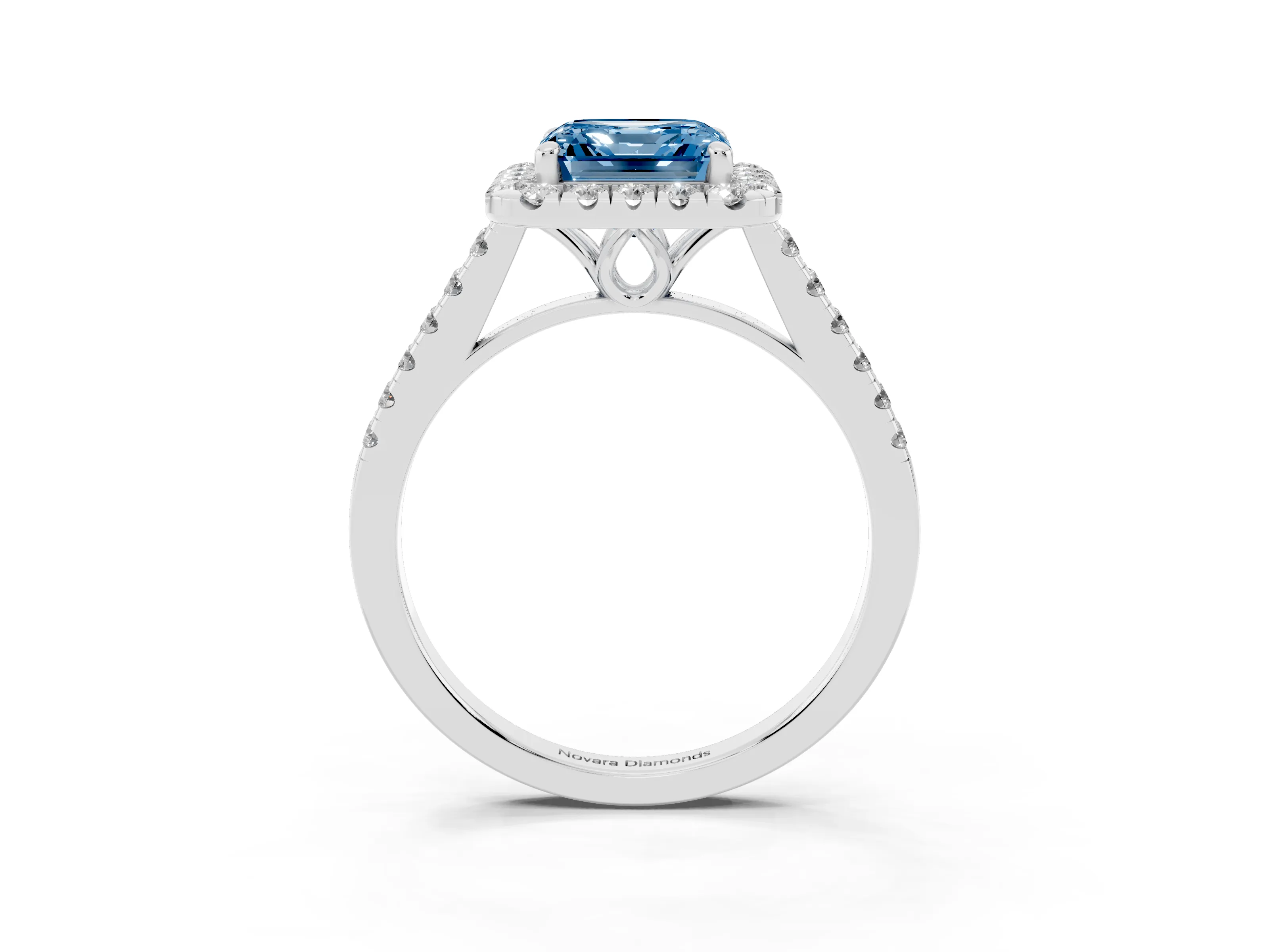 Fancy Blue Asscher Cut Diamond Pavé Halo Engagement Ring Set in White gold with Pavé Band and Prong Setting