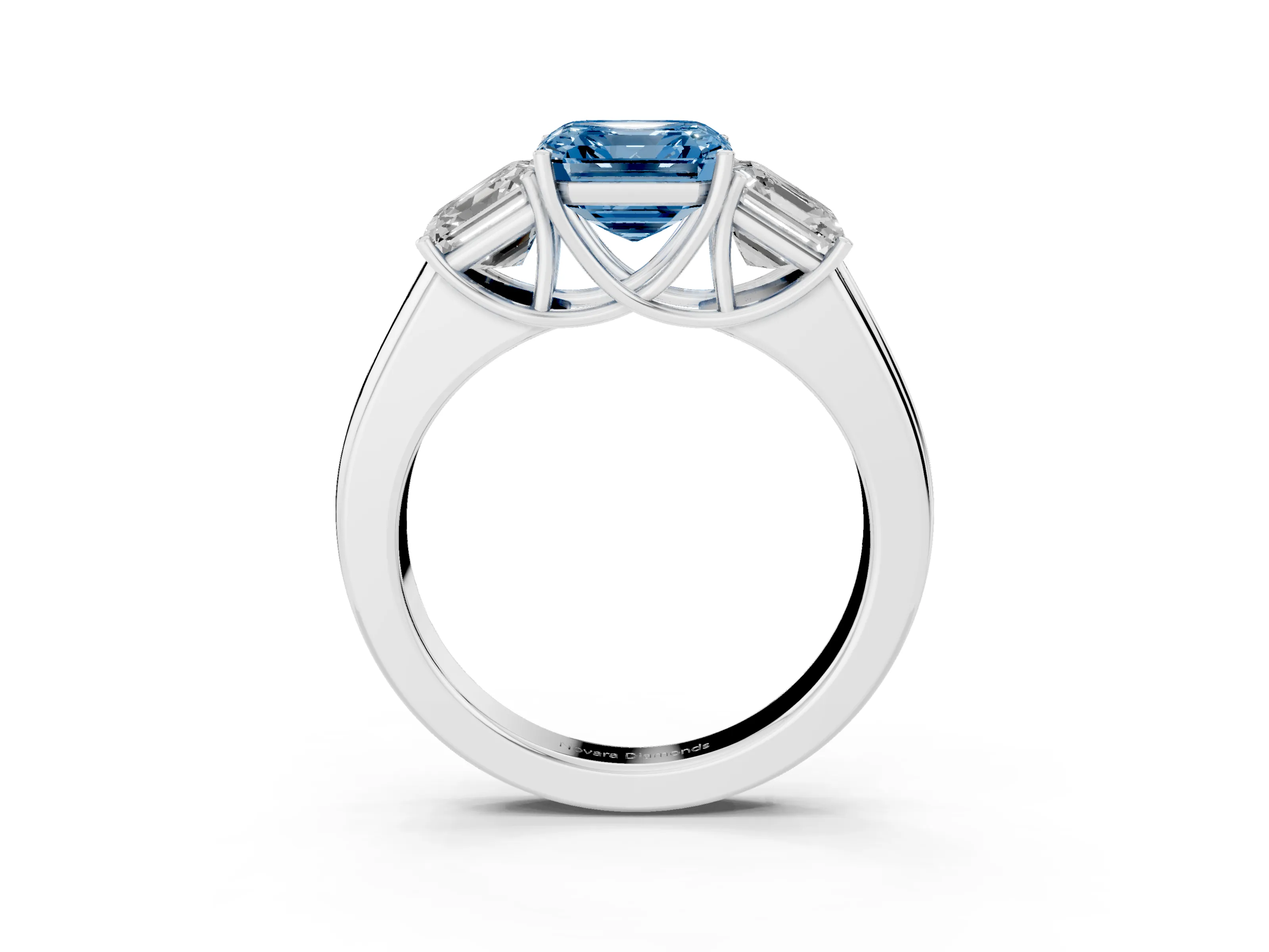 Fancy Blue Three-Stone Asscher Cut Diamond Ring Set in Silver with Matching Prong Settings and Plain Band